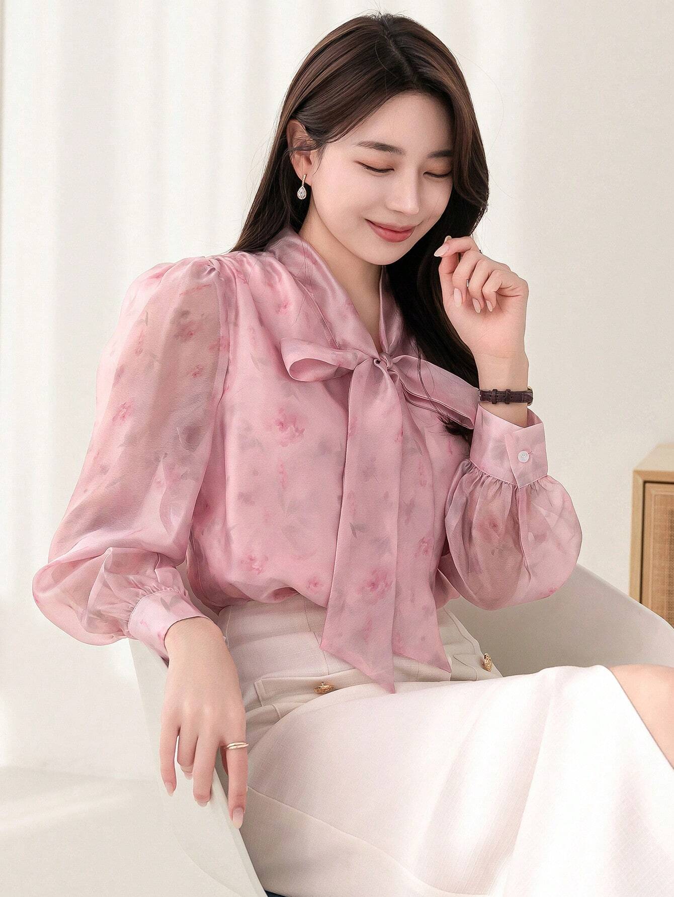 Buy SHEIN DAZY Floral Print Collar Bow Tie Decorated Long Sleeve Shirt in Pakistan