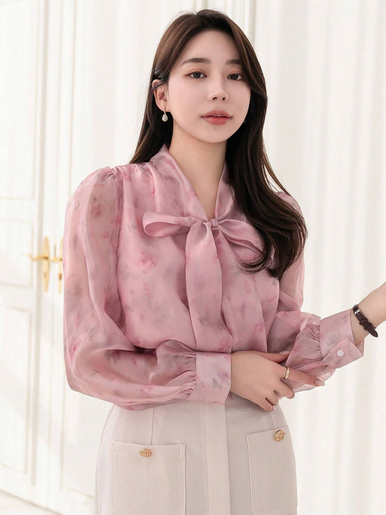 Buy SHEIN DAZY Floral Print Collar Bow Tie Decorated Long Sleeve Shirt in Pakistan