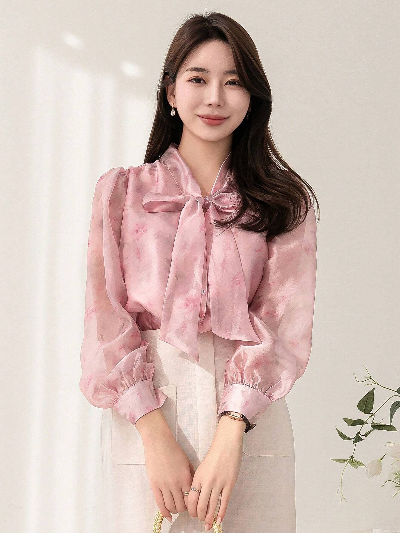 Buy SHEIN DAZY Floral Print Collar Bow Tie Decorated Long Sleeve Shirt in Pakistan