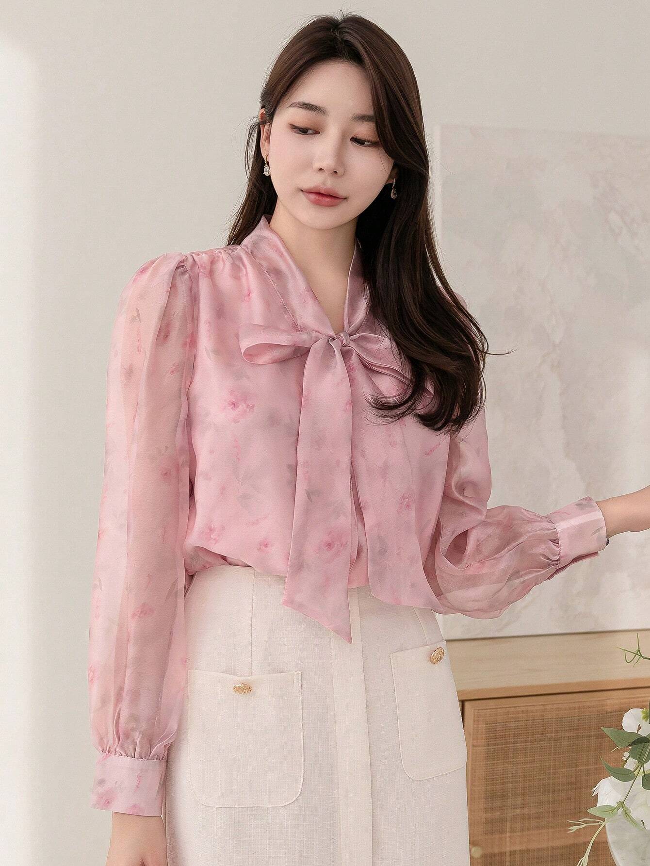 Buy SHEIN DAZY Floral Print Collar Bow Tie Decorated Long Sleeve Shirt in Pakistan