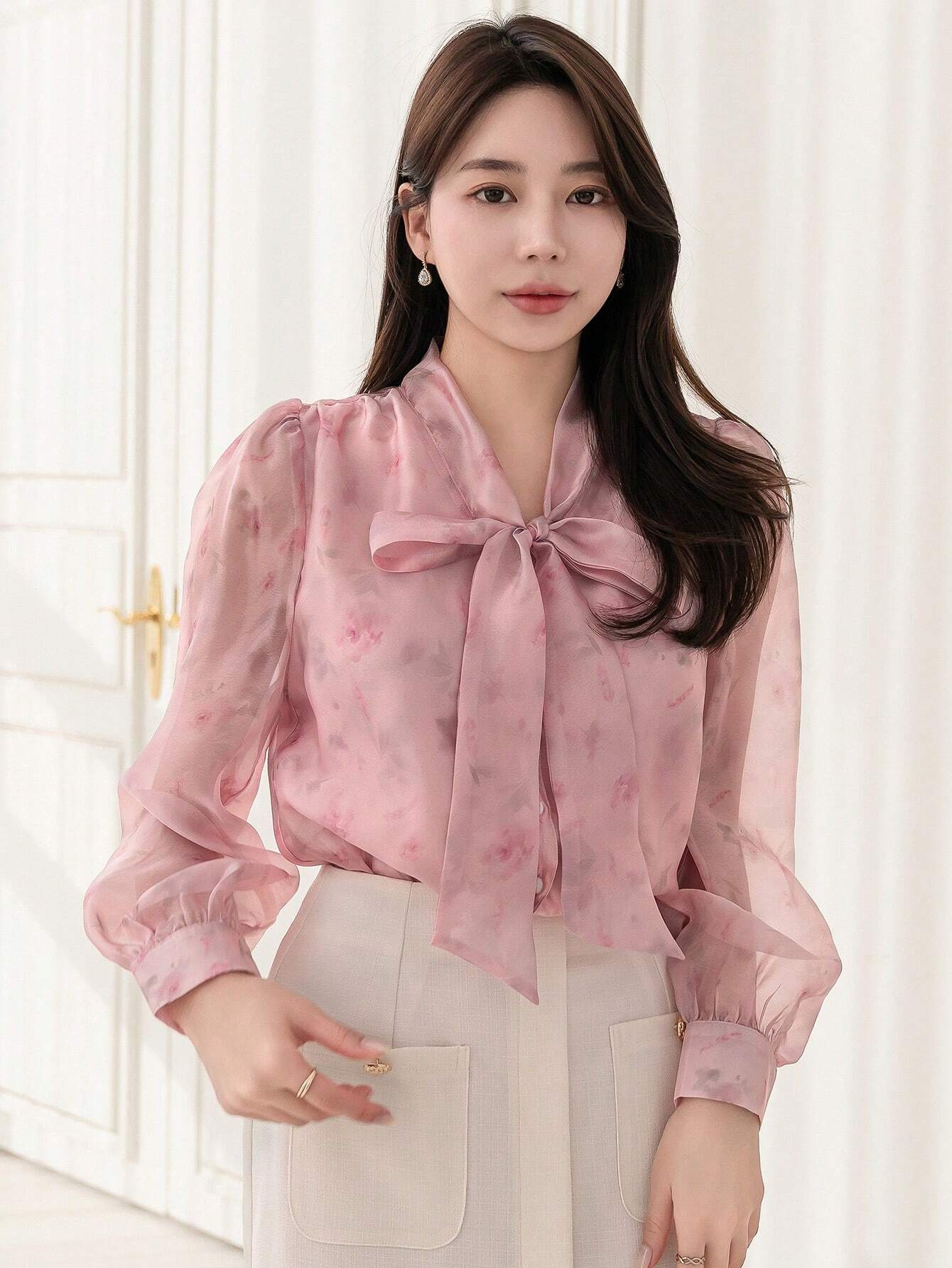 Buy SHEIN DAZY Floral Print Collar Bow Tie Decorated Long Sleeve Shirt in Pakistan