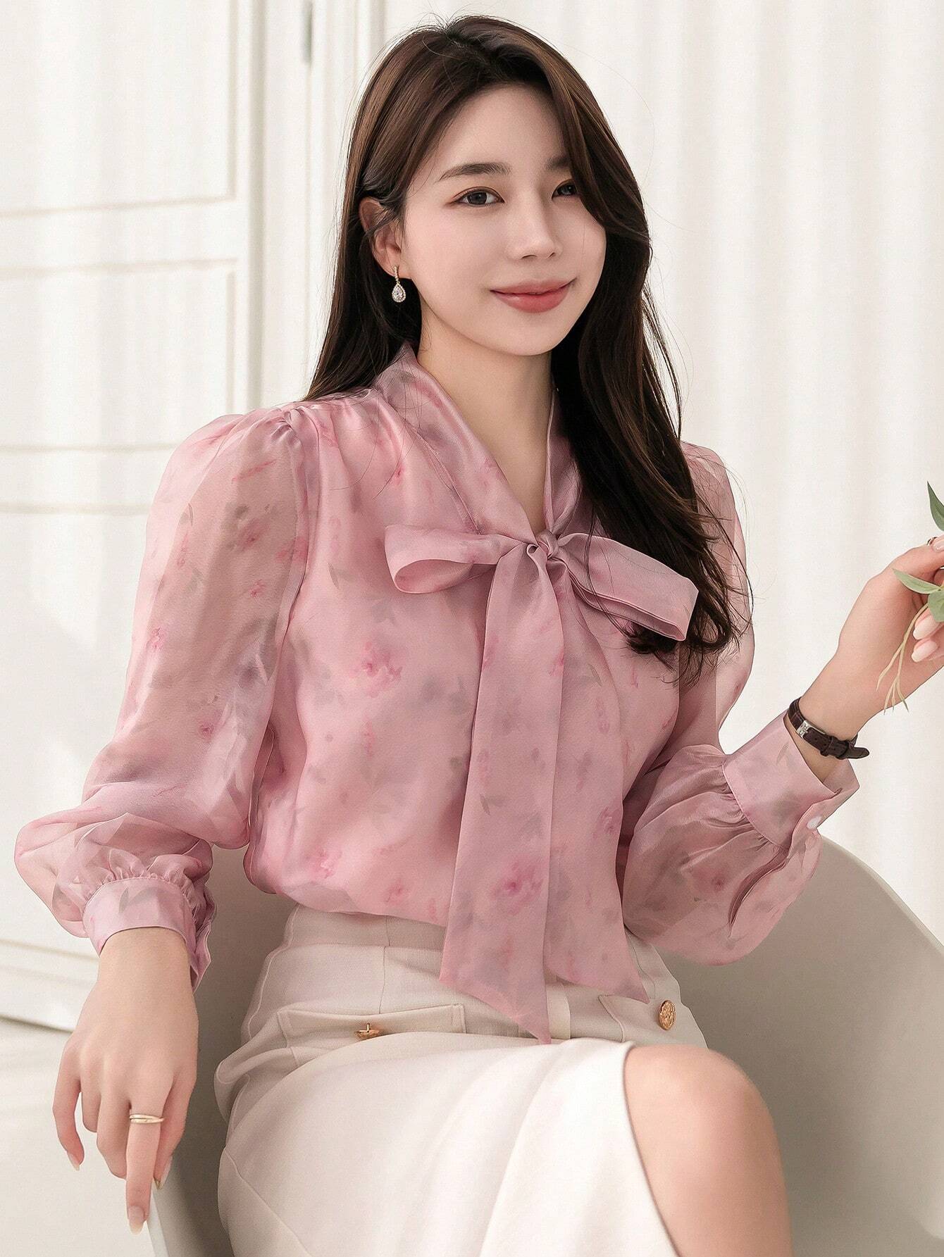 Buy SHEIN DAZY Floral Print Collar Bow Tie Decorated Long Sleeve Shirt in Pakistan