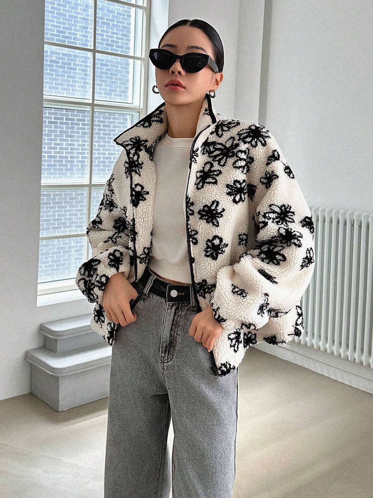 Buy SHEIN DAZY Floral Print Drop Shoulder Teddy Jacket in Pakistan