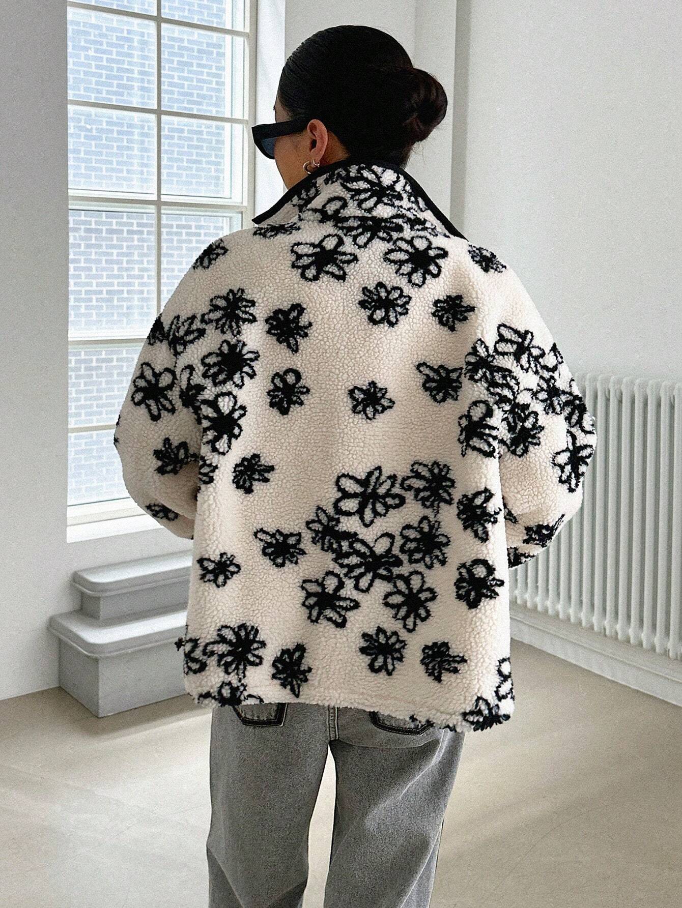 Buy SHEIN DAZY Floral Print Drop Shoulder Teddy Jacket in Pakistan