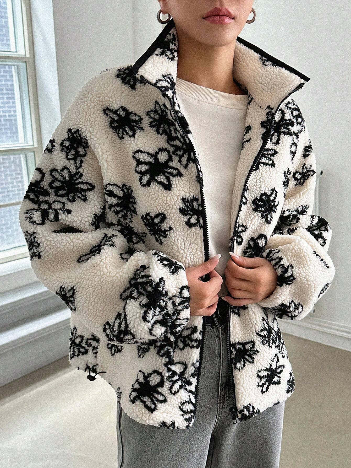 Buy SHEIN DAZY Floral Print Drop Shoulder Teddy Jacket in Pakistan