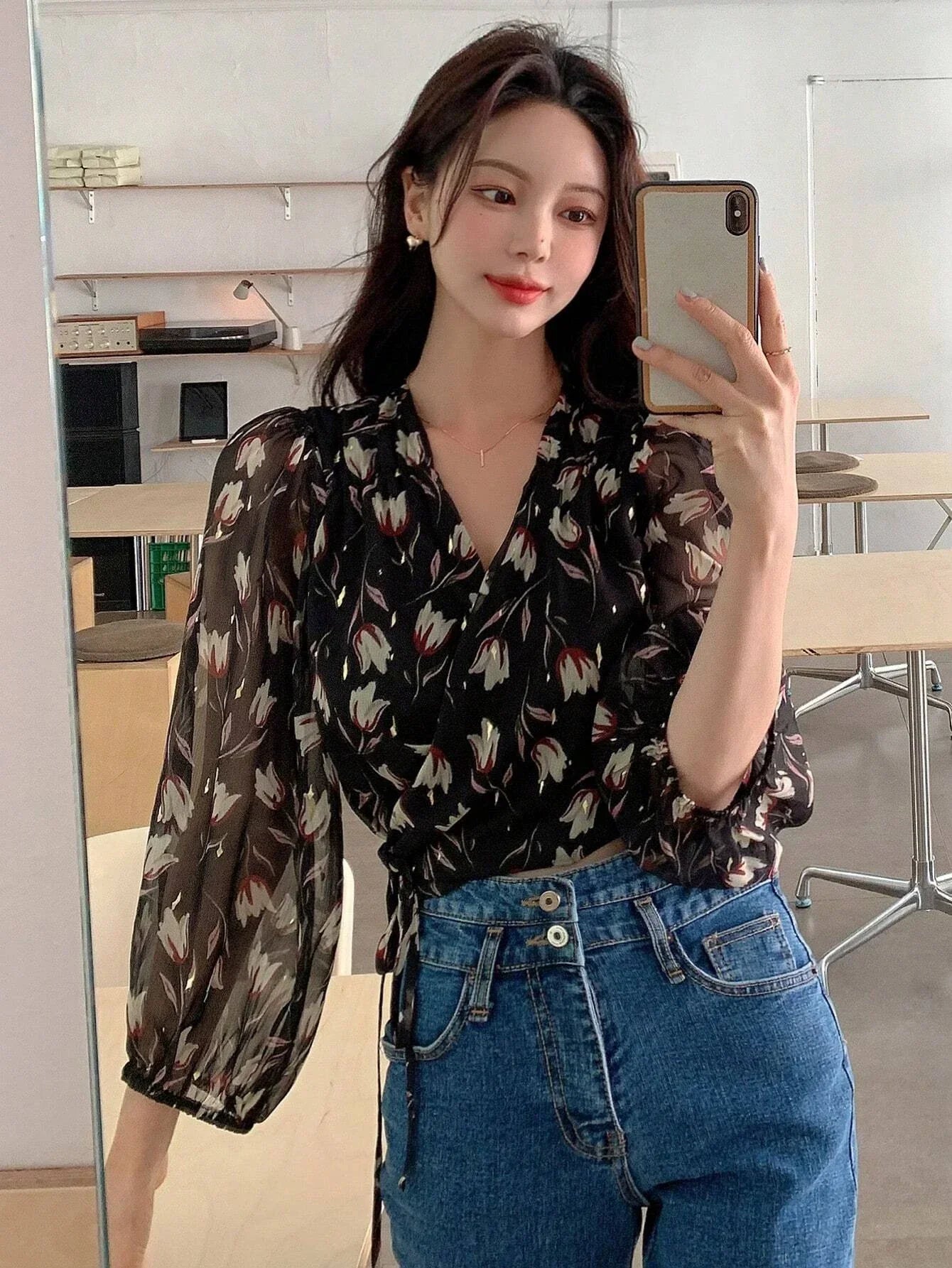 Buy SHEIN DAZY Floral Print Lantern Sleeve Wrap Detail Blouse in Pakistan