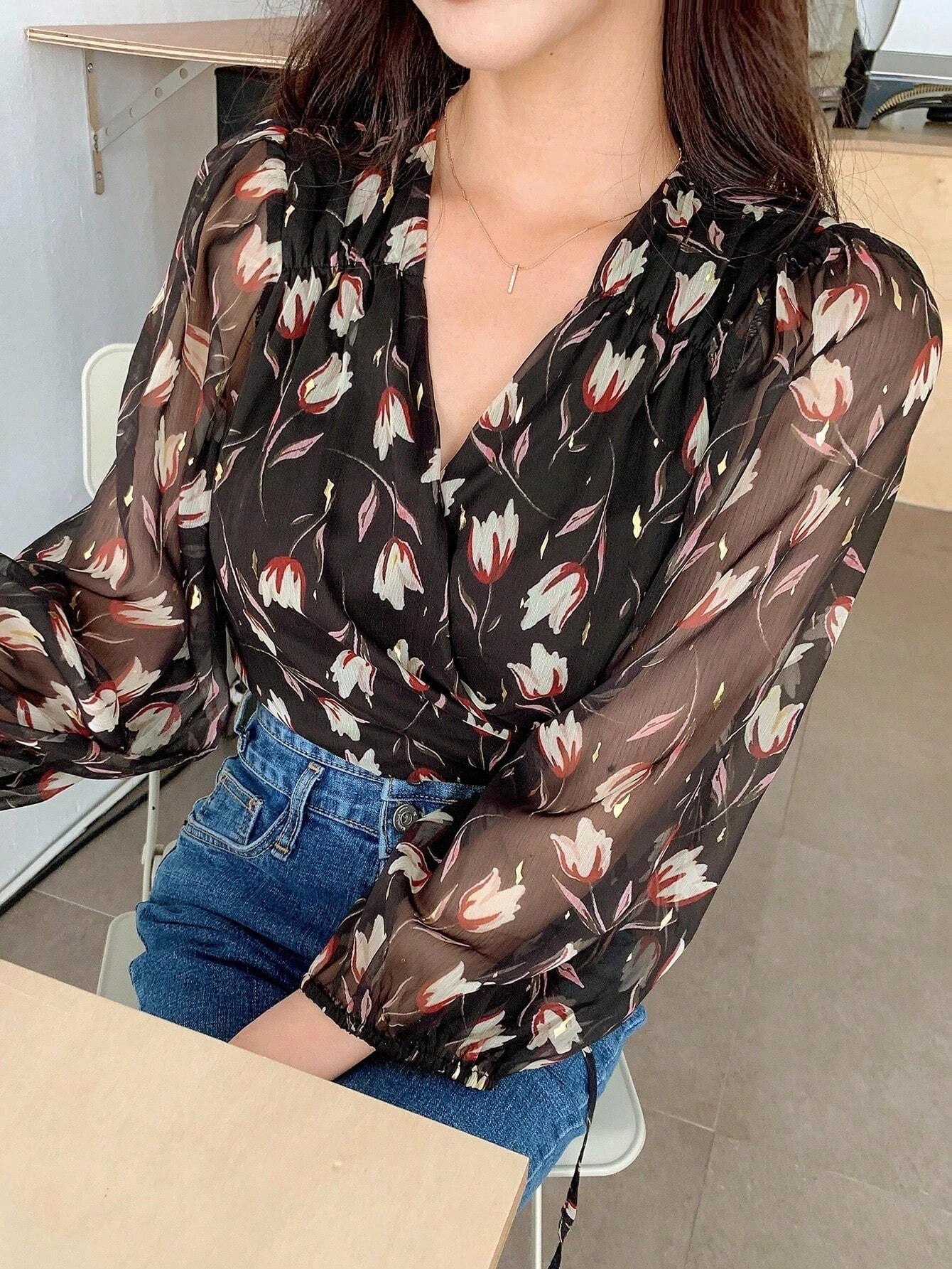 Buy SHEIN DAZY Floral Print Lantern Sleeve Wrap Detail Blouse in Pakistan