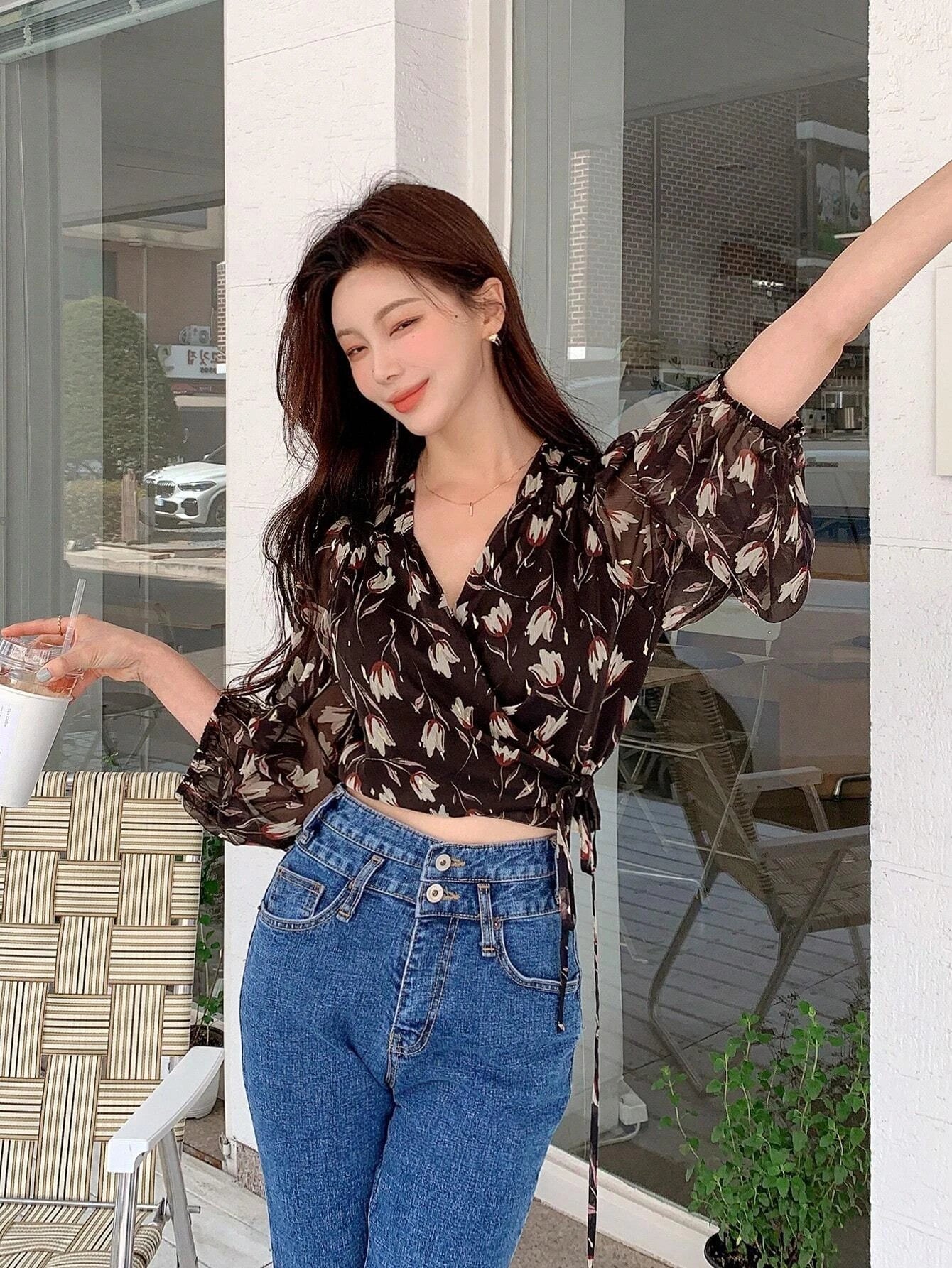 Buy SHEIN DAZY Floral Print Lantern Sleeve Wrap Detail Blouse in Pakistan