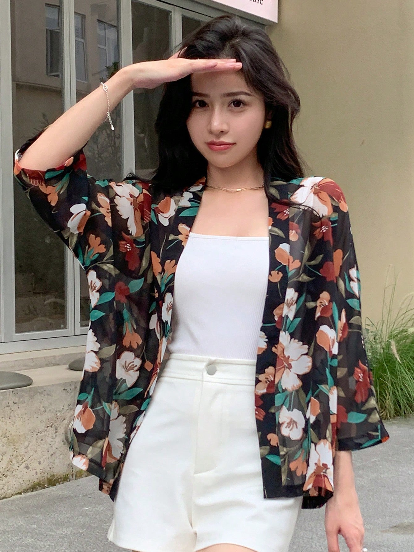 Buy SHEIN DAZY Floral Print Open Front Blouse in Pakistan