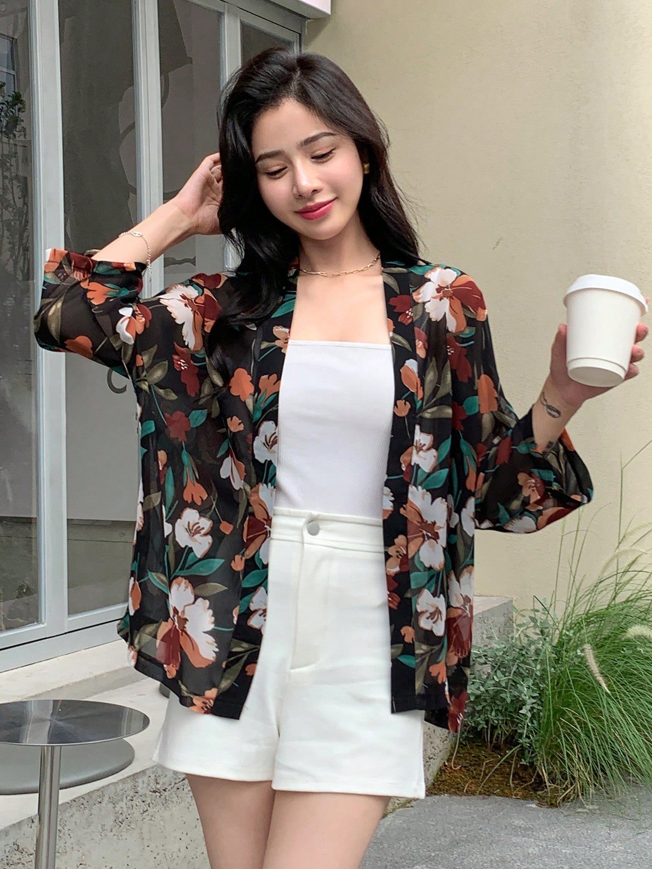 Buy SHEIN DAZY Floral Print Open Front Blouse in Pakistan