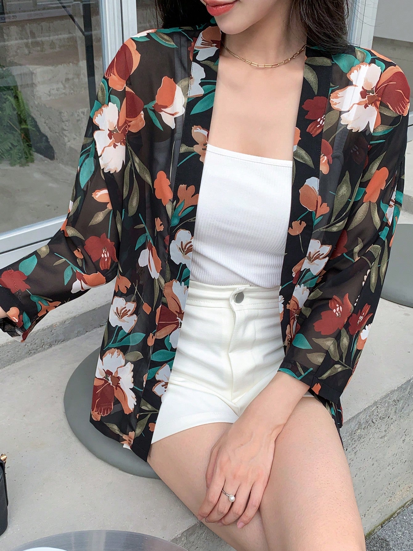 Buy SHEIN DAZY Floral Print Open Front Blouse in Pakistan