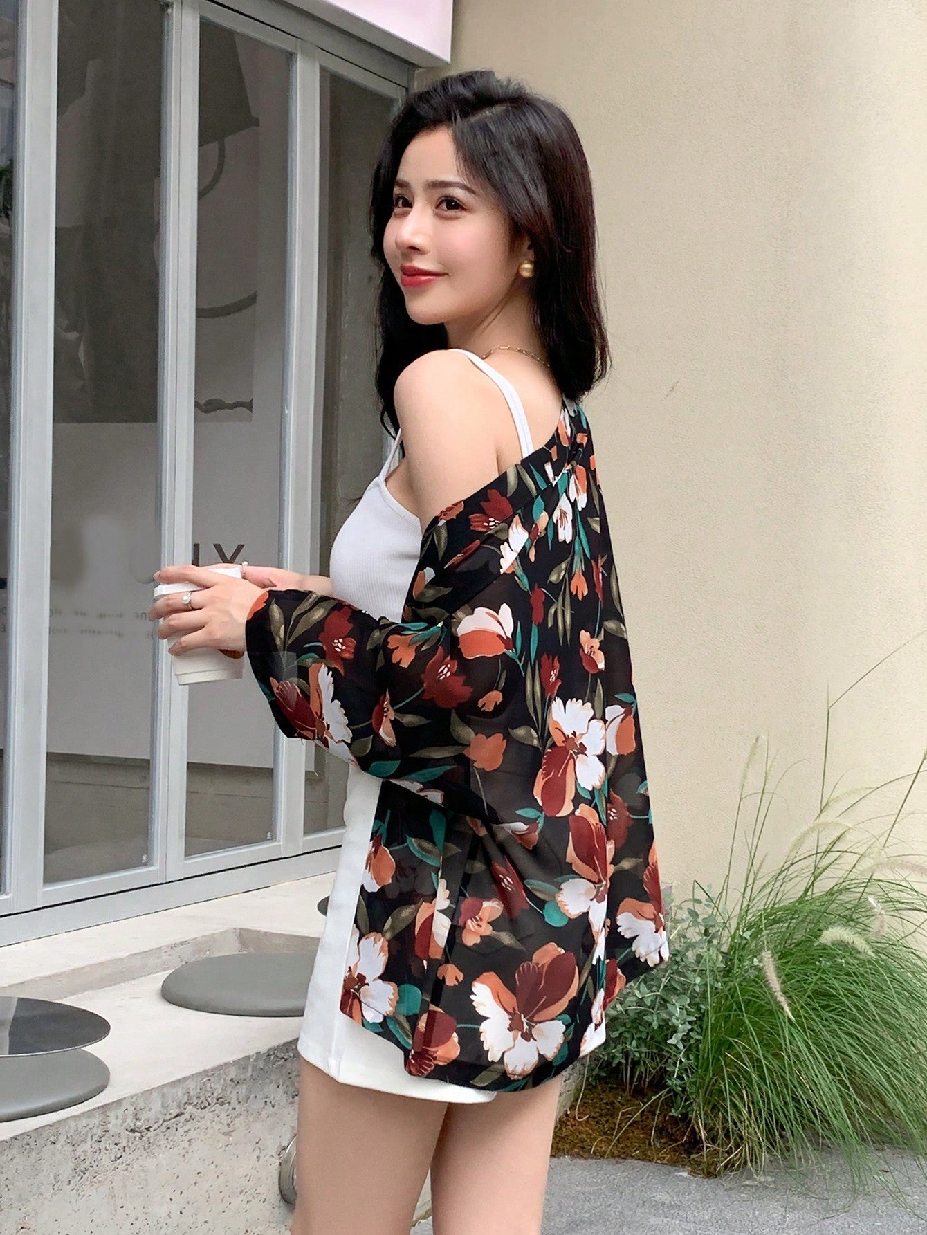 Buy SHEIN DAZY Floral Print Open Front Blouse in Pakistan