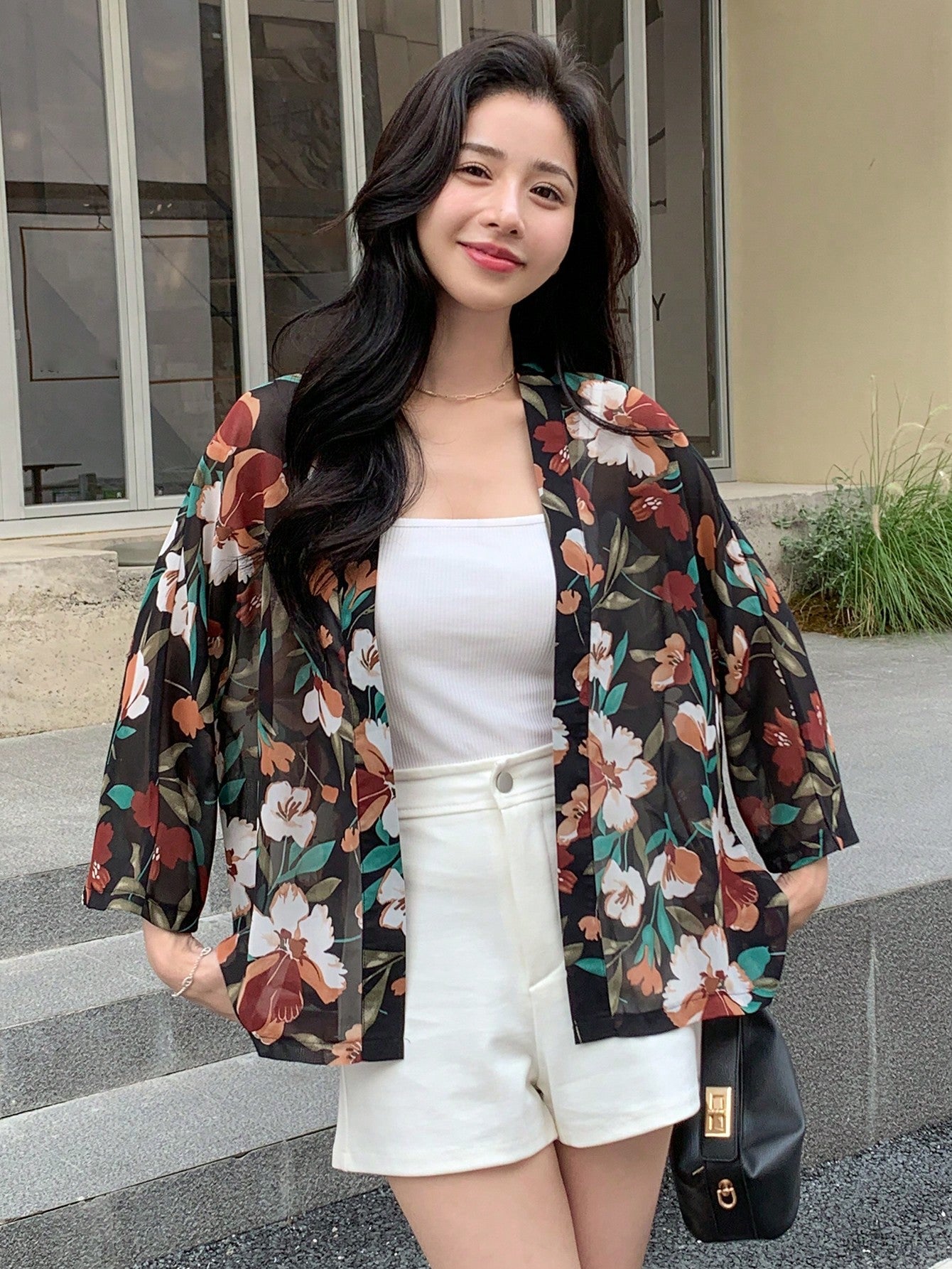 Buy SHEIN DAZY Floral Print Open Front Blouse in Pakistan