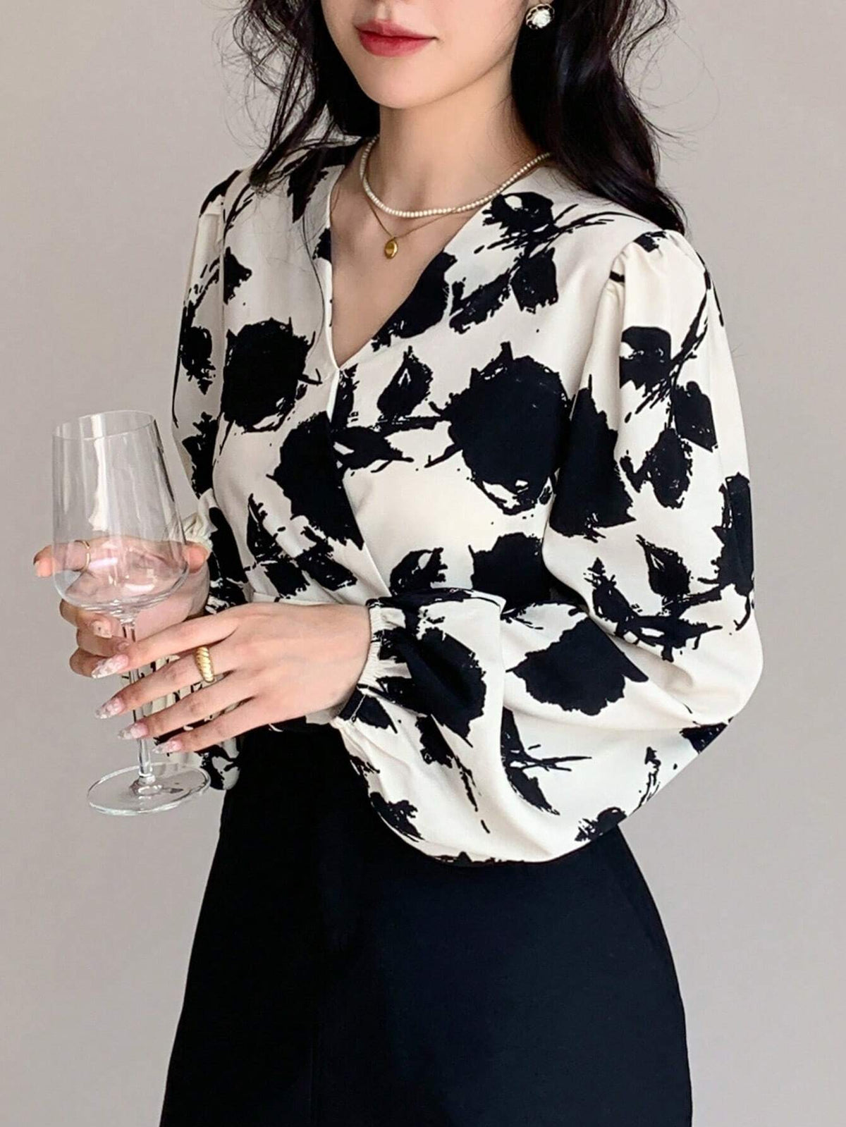 Buy SHEIN DAZY Floral Print Surplice Neck Lantern Sleeve Blouse in Pakistan