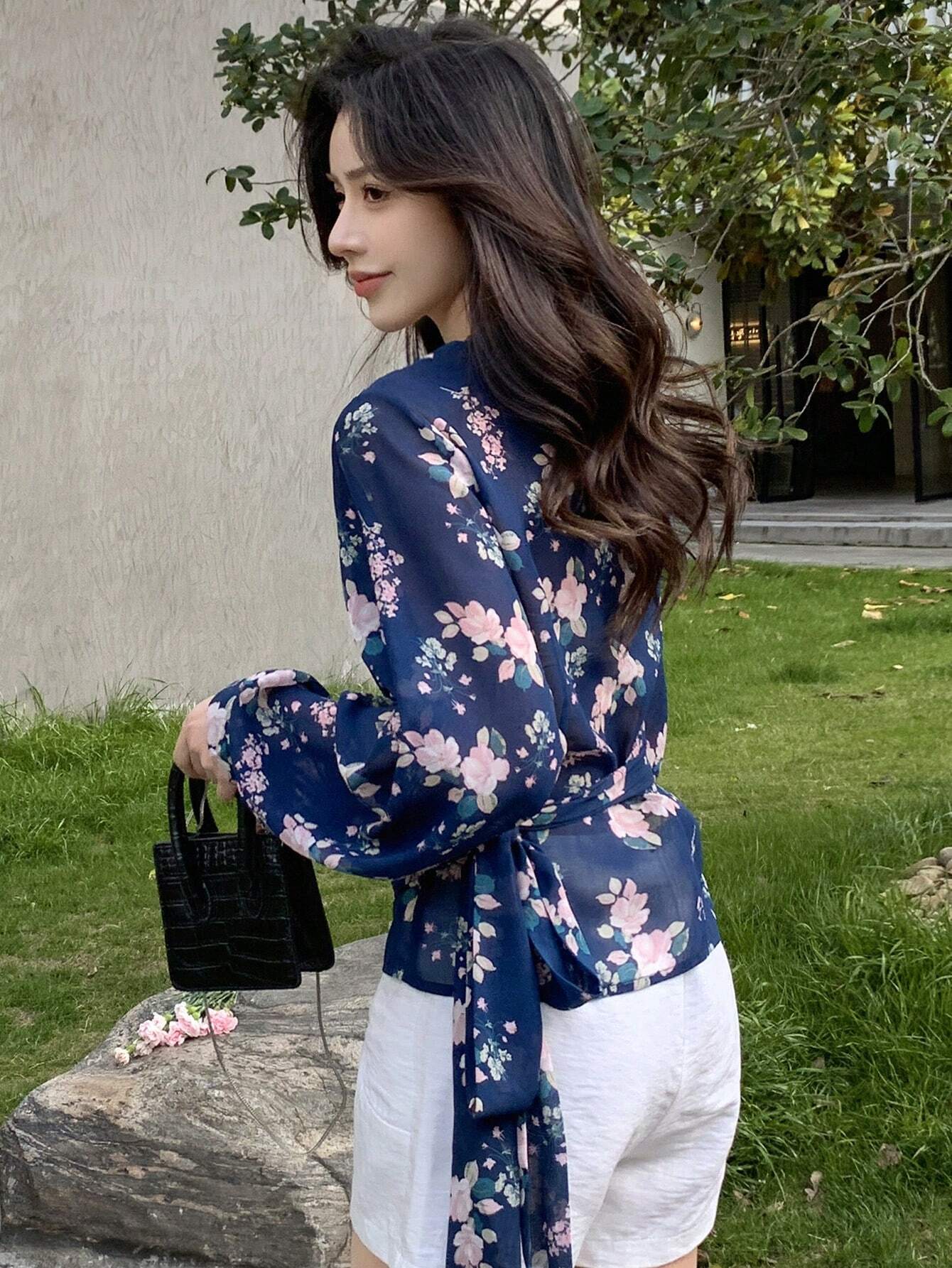 Buy SHEIN DAZY Floral Print Surplice Neck Lantern Sleeve Blouse in Pakistan