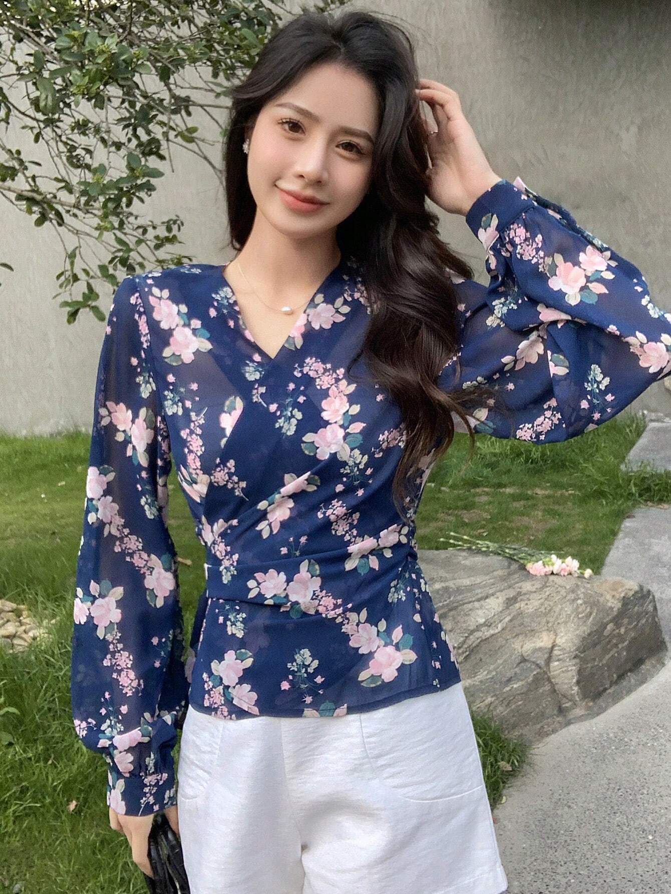 Buy SHEIN DAZY Floral Print Surplice Neck Lantern Sleeve Blouse in Pakistan