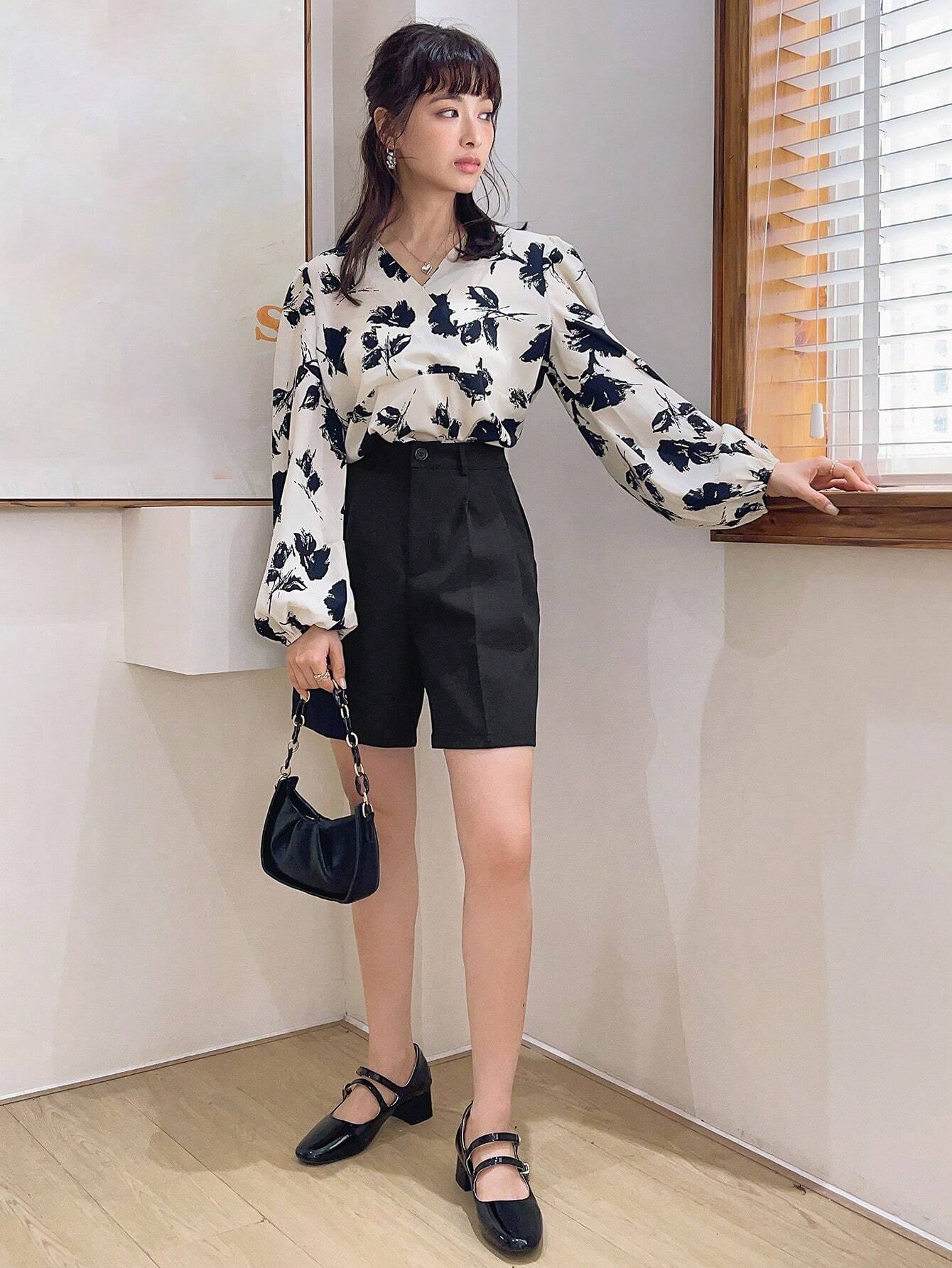 Buy SHEIN DAZY Floral Print Surplice Neck Lantern Sleeve Blouse in Pakistan