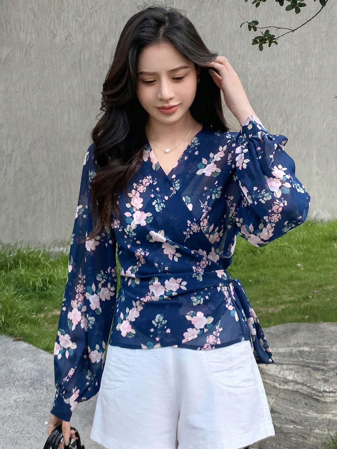 Buy SHEIN DAZY Floral Print Surplice Neck Lantern Sleeve Blouse in Pakistan