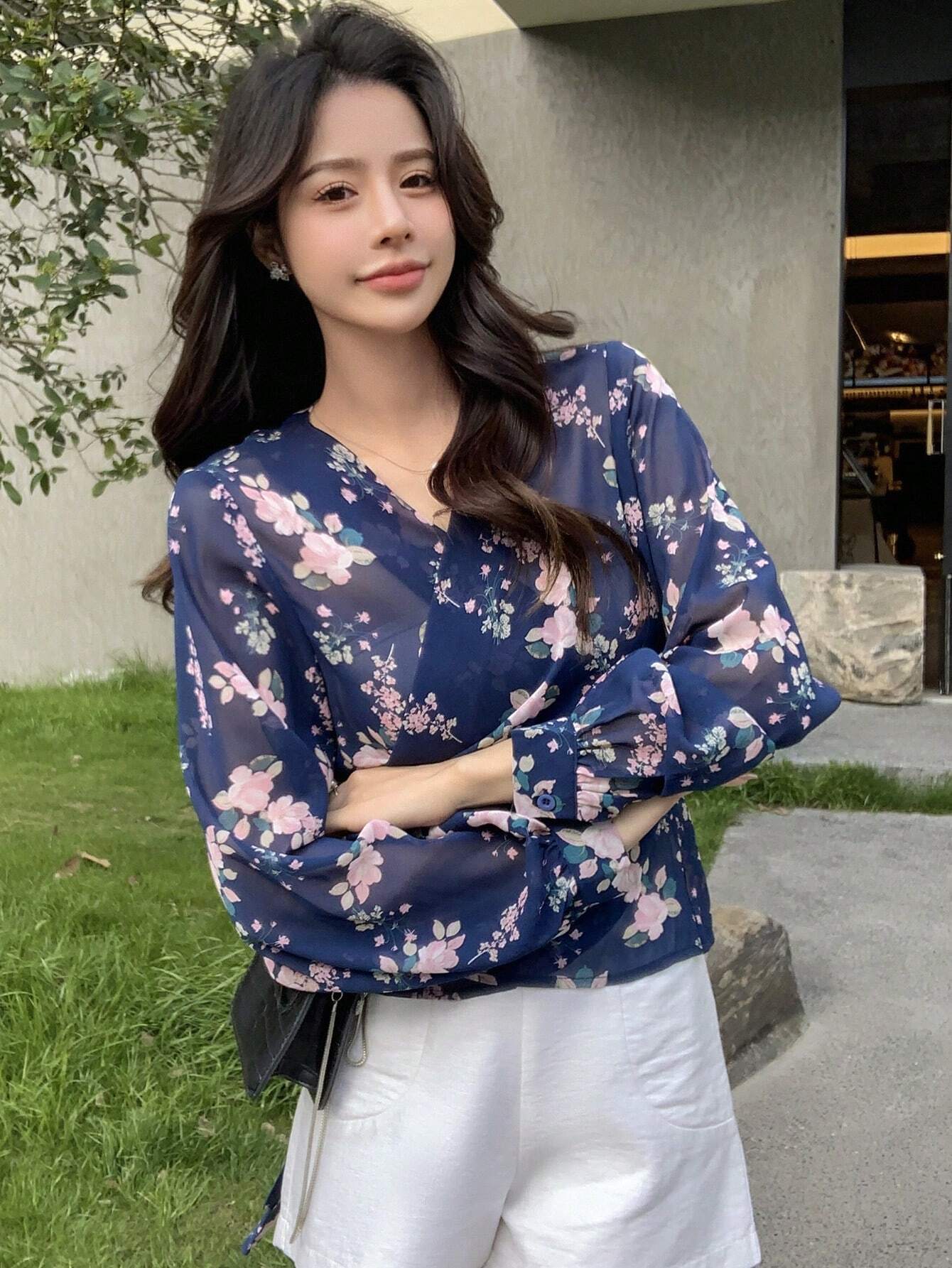 Buy SHEIN DAZY Floral Print Surplice Neck Lantern Sleeve Blouse in Pakistan