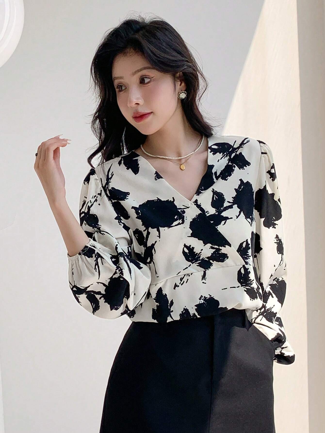 Buy SHEIN DAZY Floral Print Surplice Neck Lantern Sleeve Blouse in Pakistan