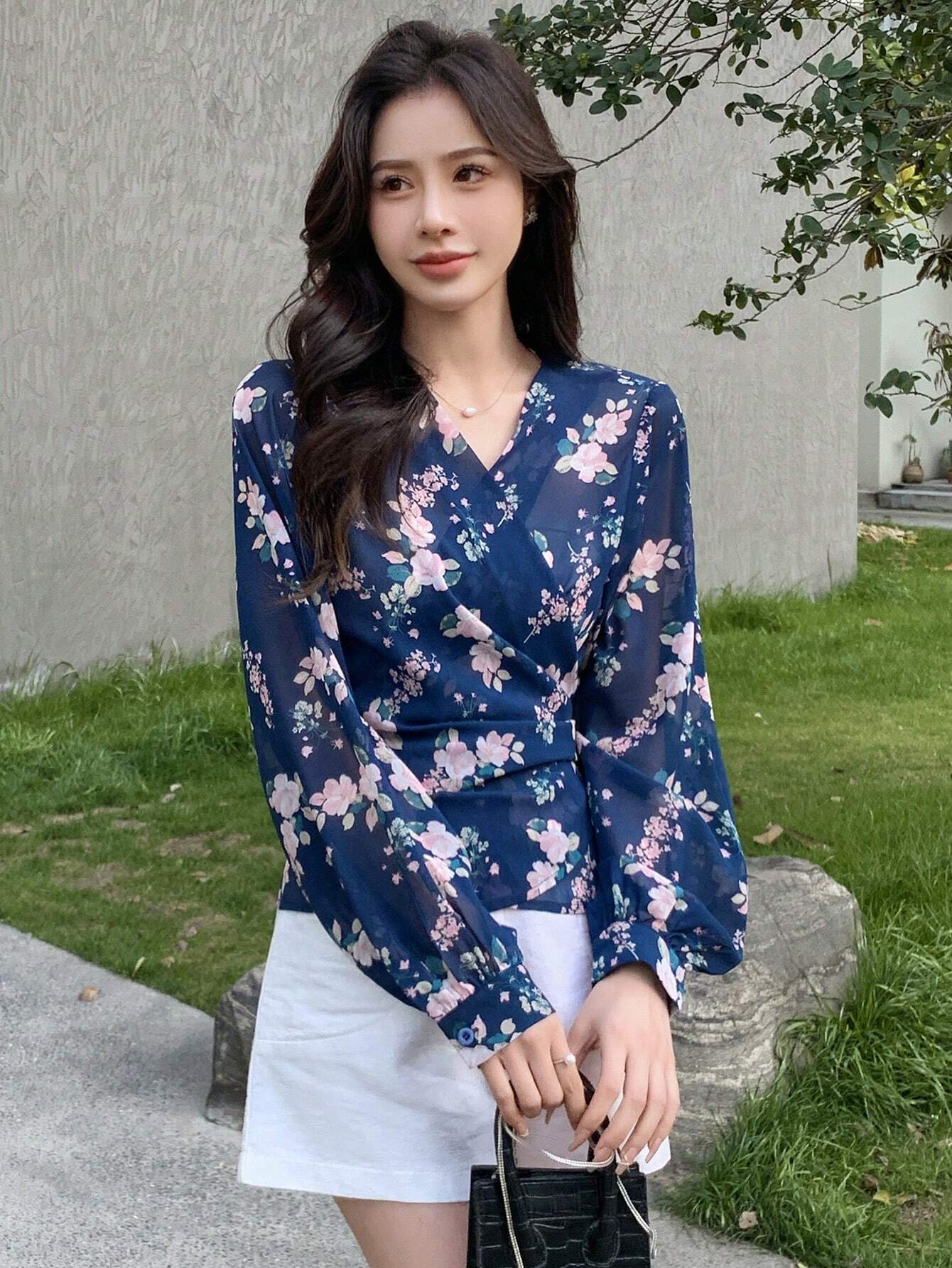 Buy SHEIN DAZY Floral Print Surplice Neck Lantern Sleeve Blouse in Pakistan