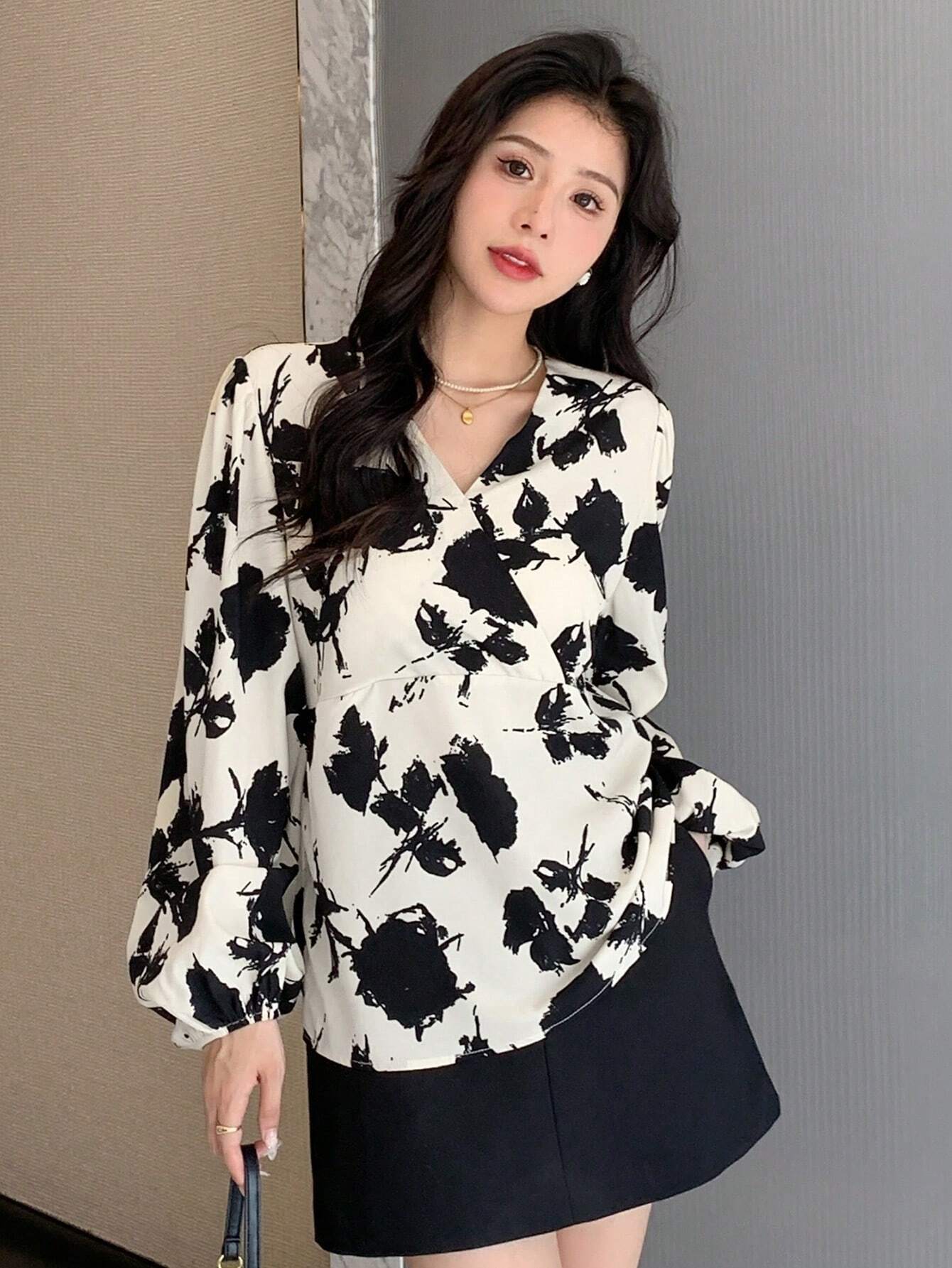 Buy SHEIN DAZY Floral Print Surplice Neck Lantern Sleeve Blouse in Pakistan