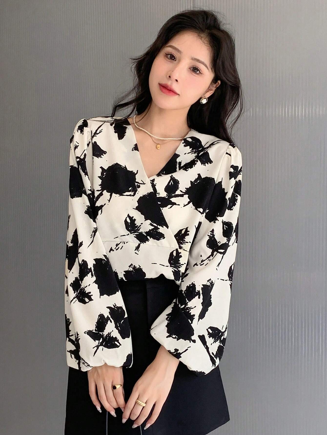 Buy SHEIN DAZY Floral Print Surplice Neck Lantern Sleeve Blouse in Pakistan