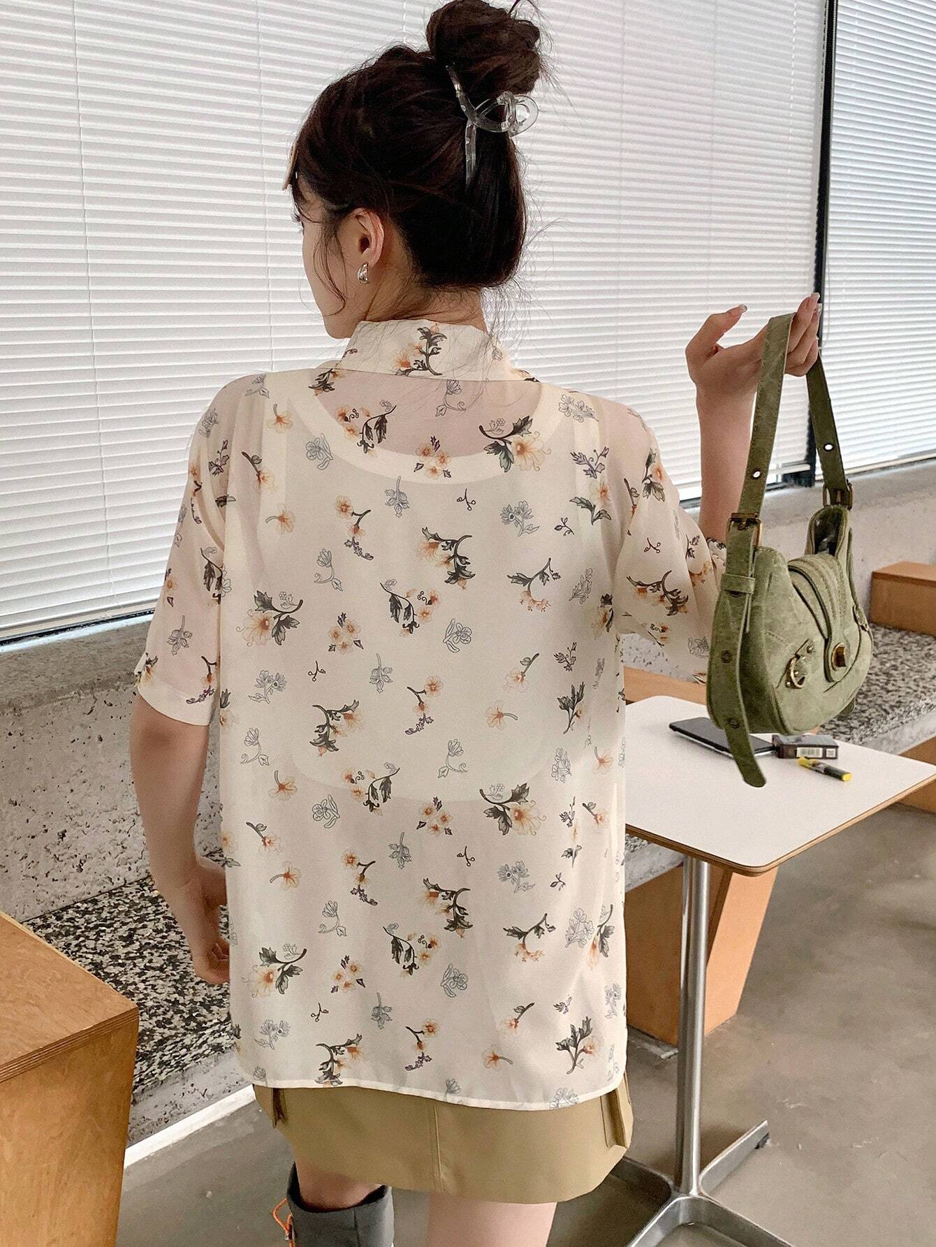 Buy SHEIN DAZY Floral Print Turn-Down Collar Loose Short Sleeve Women's Shirt in Pakistan