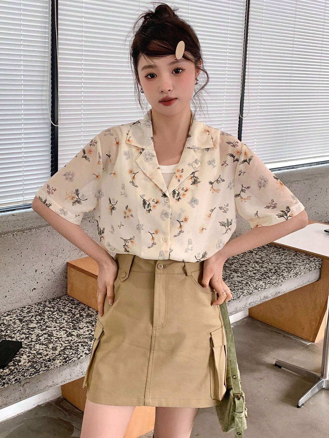 Buy SHEIN DAZY Floral Print Turn-Down Collar Loose Short Sleeve Women's Shirt in Pakistan