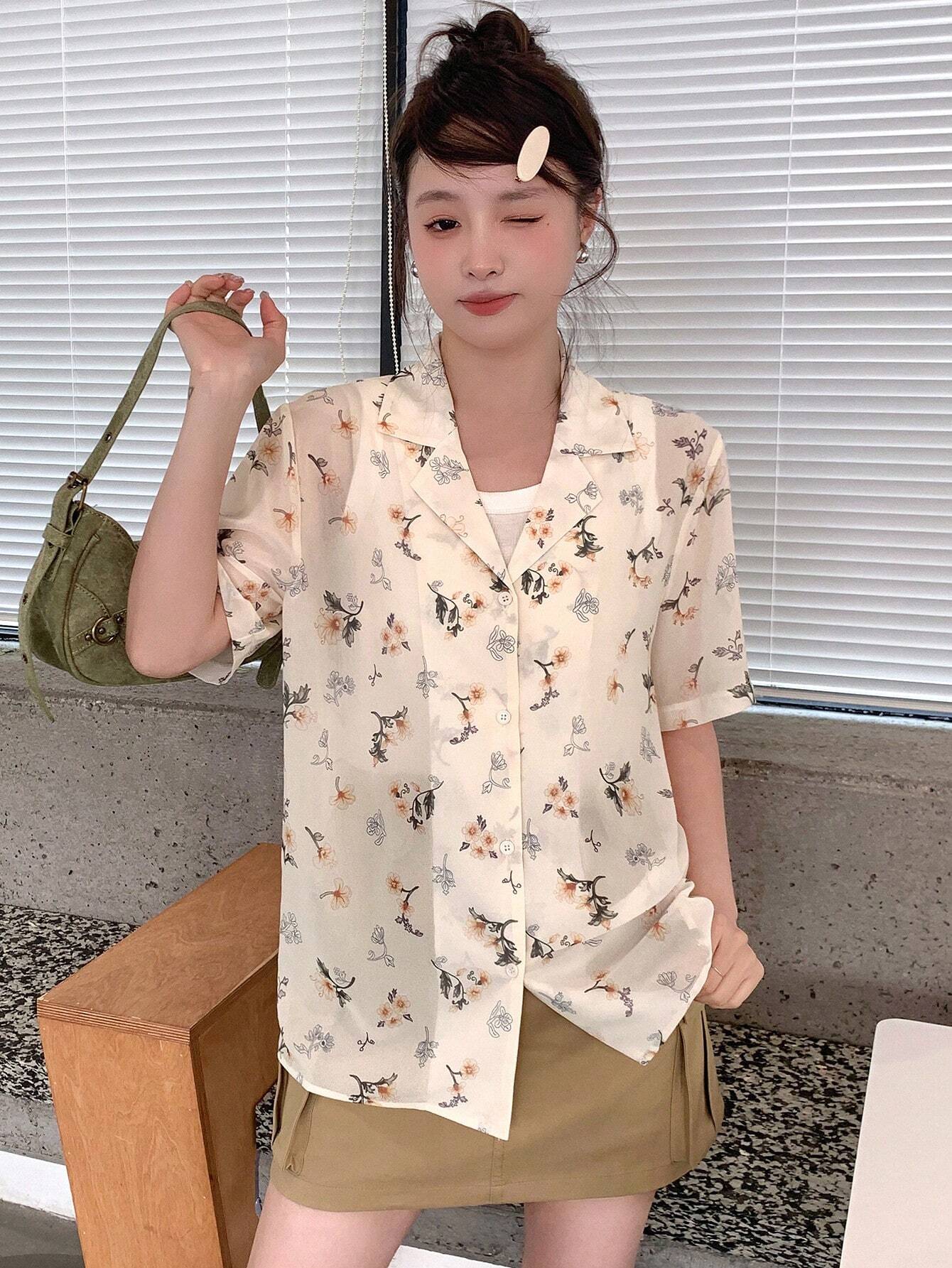 Buy SHEIN DAZY Floral Print Turn-Down Collar Loose Short Sleeve Women's Shirt in Pakistan