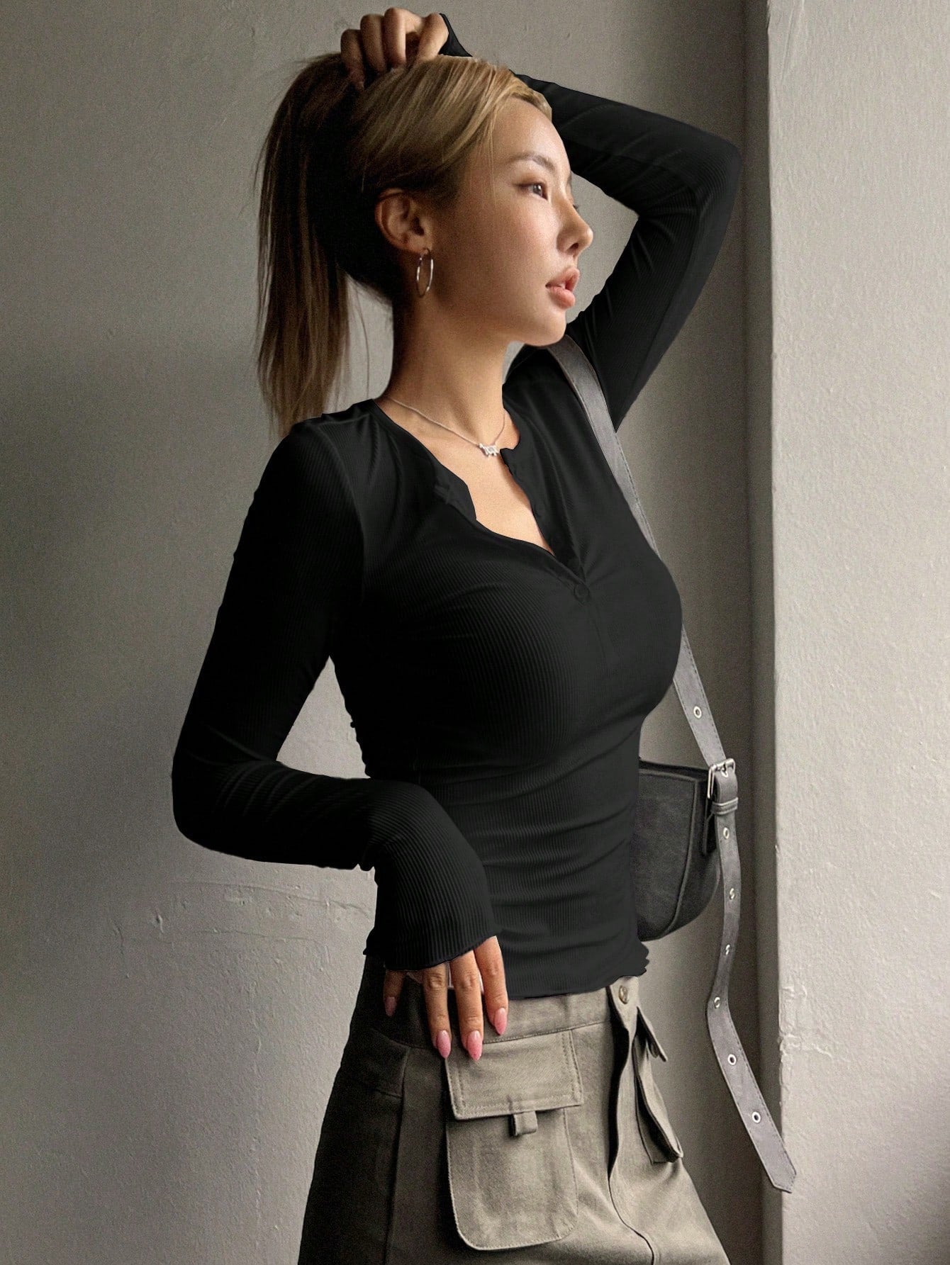 Buy SHEIN DAZY Half Button Ribbed Knit Tee in Pakistan