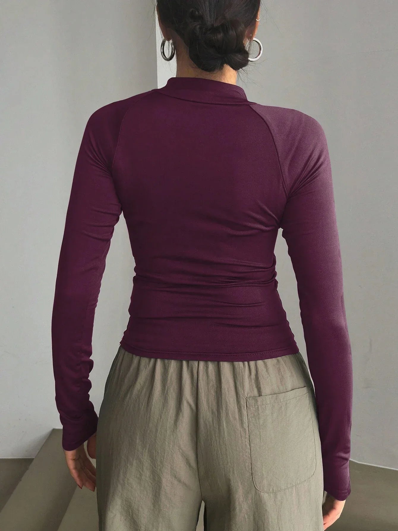 Buy SHEIN DAZY Half High Collar Half Zip Up Letter Silicone Tight Long Sleeve Women T-Shirt in Pakistan