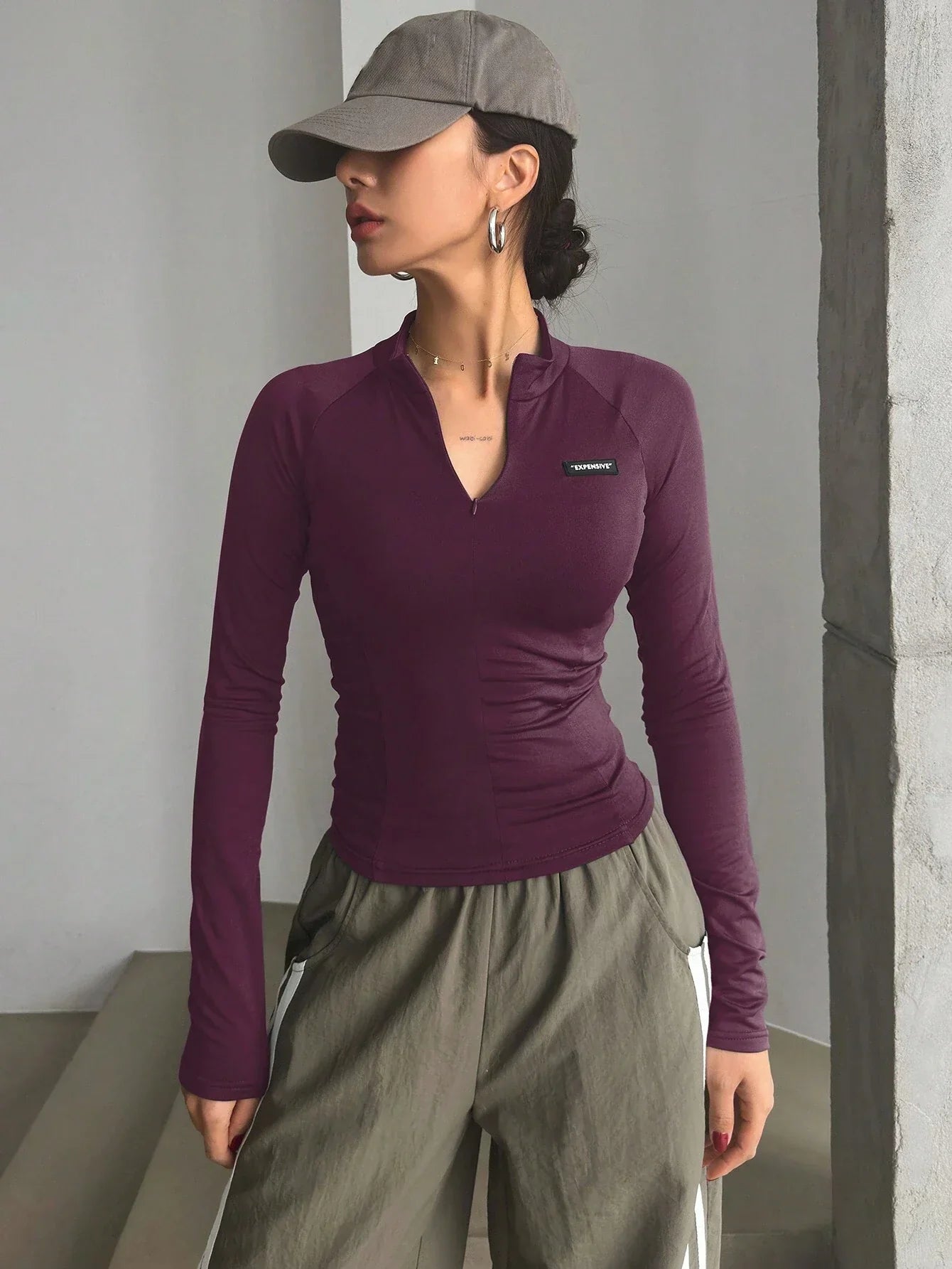 Buy SHEIN DAZY Half High Collar Half Zip Up Letter Silicone Tight Long Sleeve Women T-Shirt in Pakistan