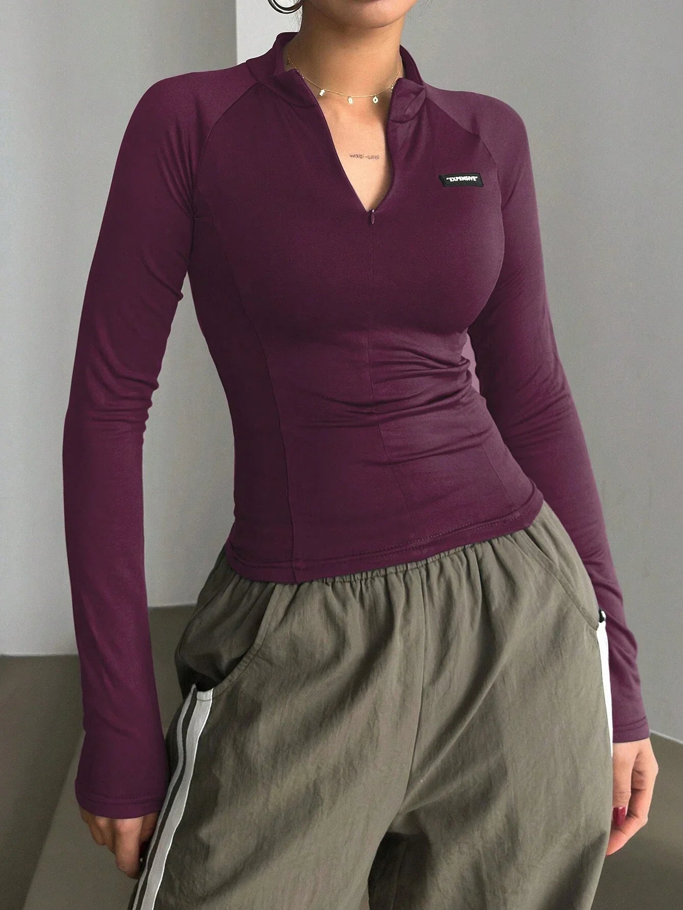 Buy SHEIN DAZY Half High Collar Half Zip Up Letter Silicone Tight Long Sleeve Women T-Shirt in Pakistan