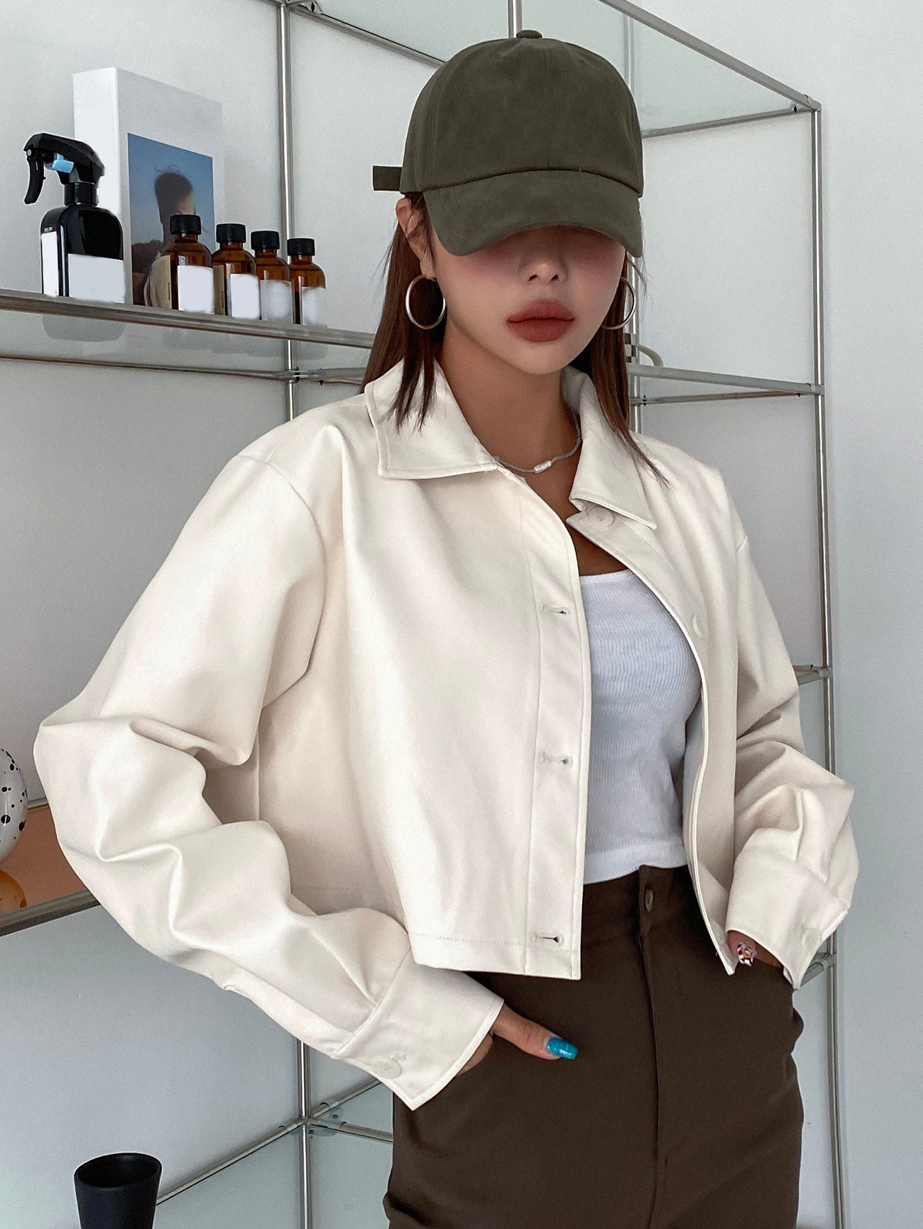 Buy SHEIN DAZY Kpop Button Front PU Crop Jacket in Pakistan