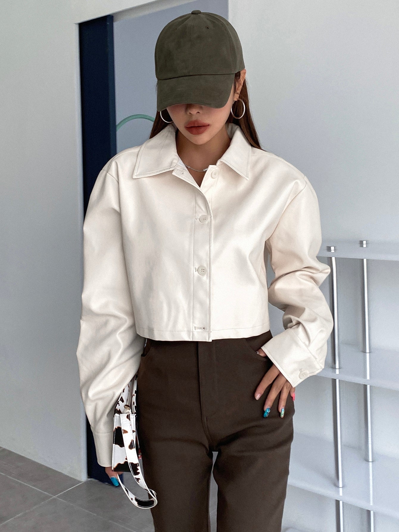 Buy SHEIN DAZY Kpop Button Front PU Crop Jacket in Pakistan