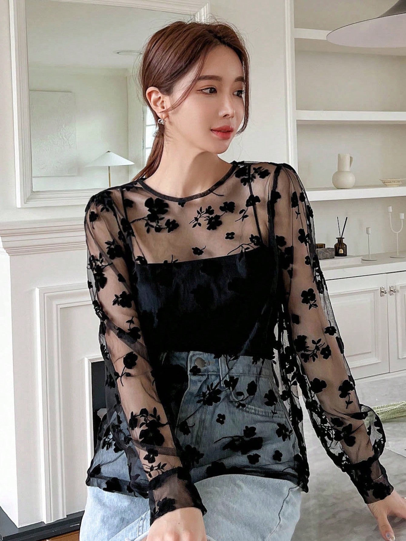 Buy SHEIN DAZY Kpop Floral Embroidery Mesh Top Without Cami Top in Pakistan