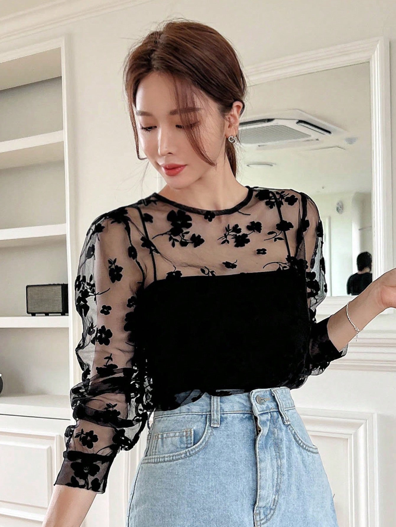 Buy SHEIN DAZY Kpop Floral Embroidery Mesh Top Without Cami Top in Pakistan