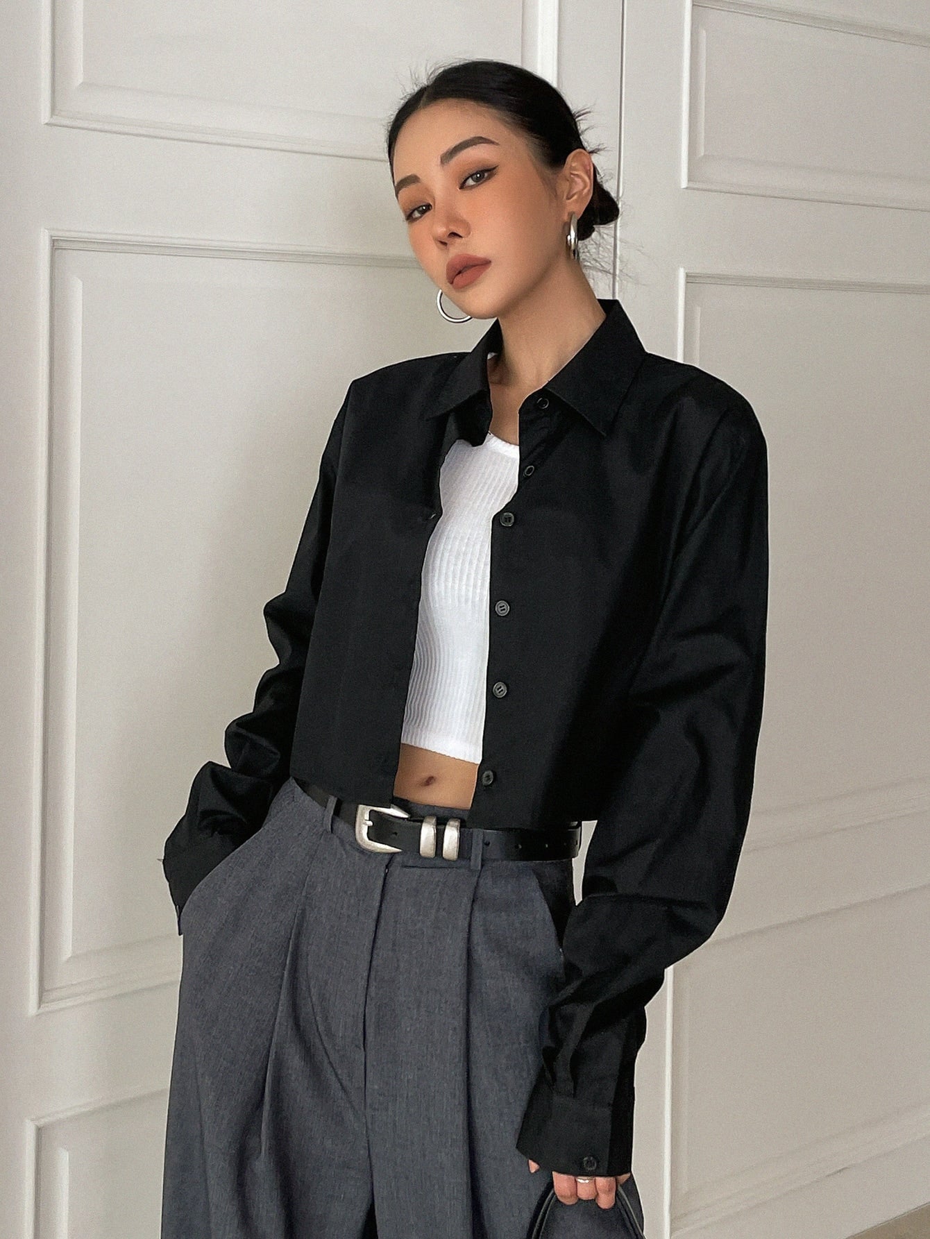 Buy SHEIN DAZY Kpop Solid Button Front Crop Shirt in Pakistan