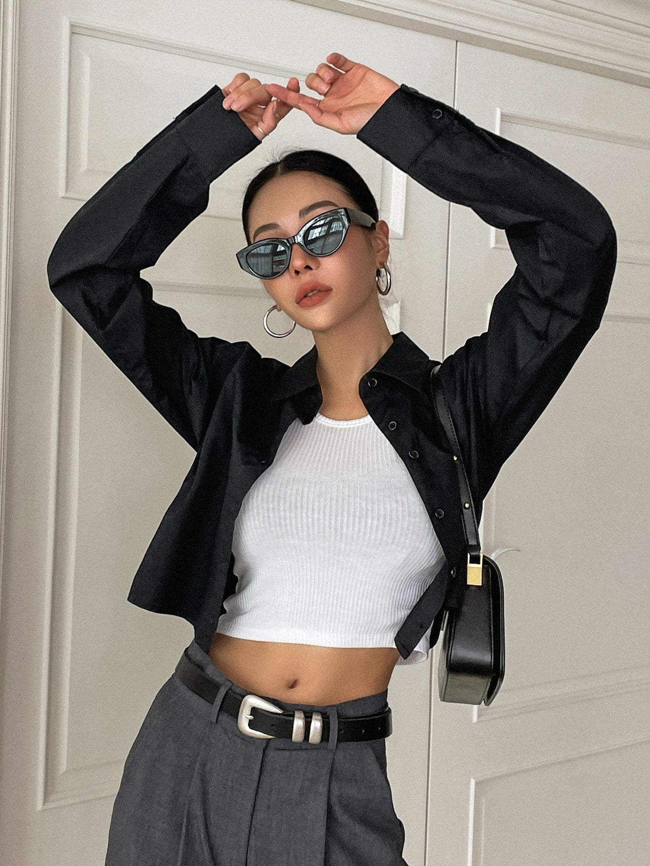 Buy SHEIN DAZY Kpop Solid Button Front Crop Shirt in Pakistan