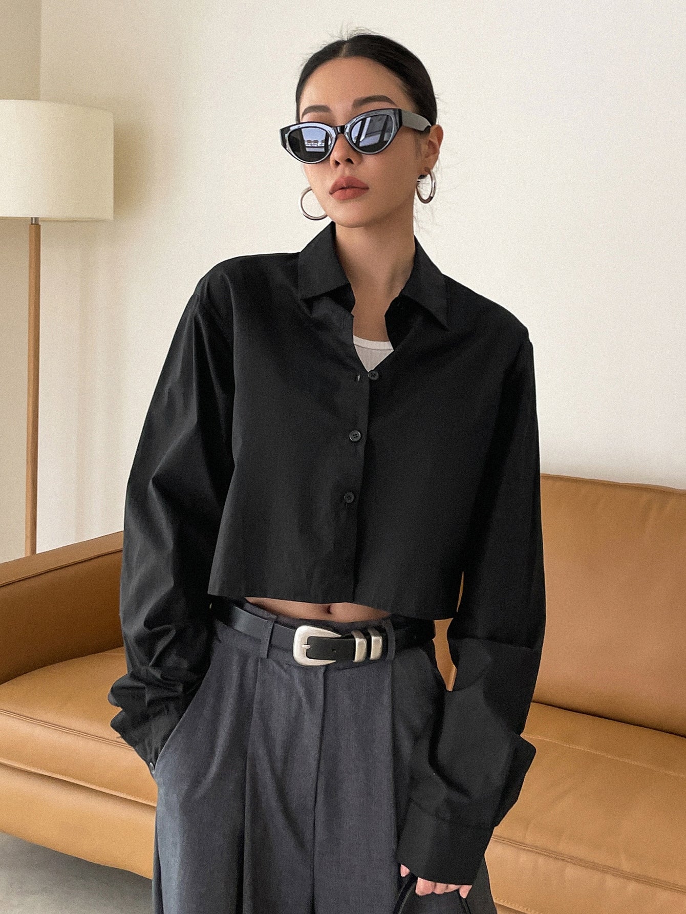 Buy SHEIN DAZY Kpop Solid Button Front Crop Shirt in Pakistan