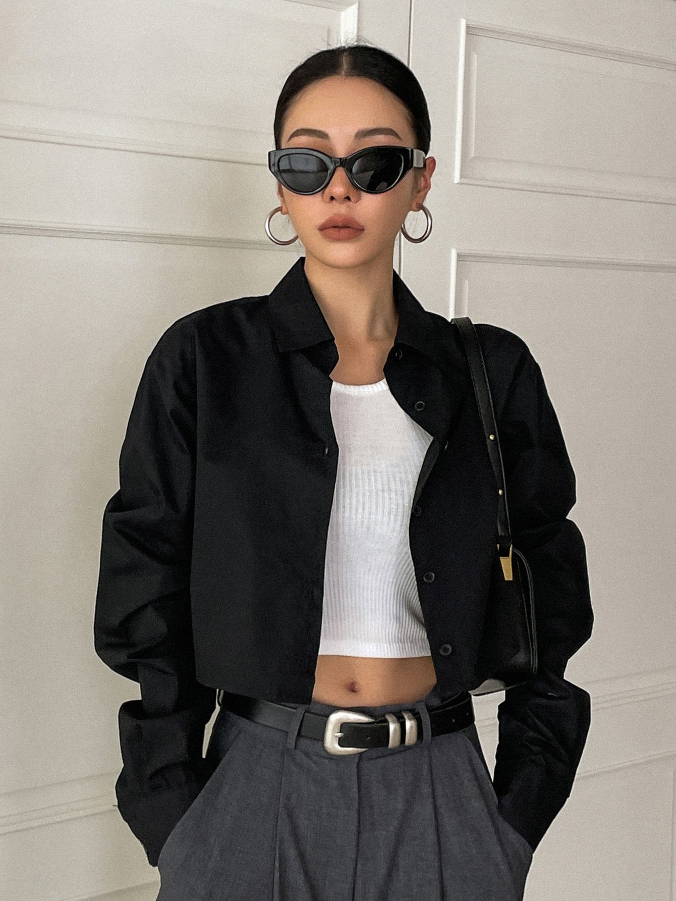 Buy SHEIN DAZY Kpop Solid Button Front Crop Shirt in Pakistan