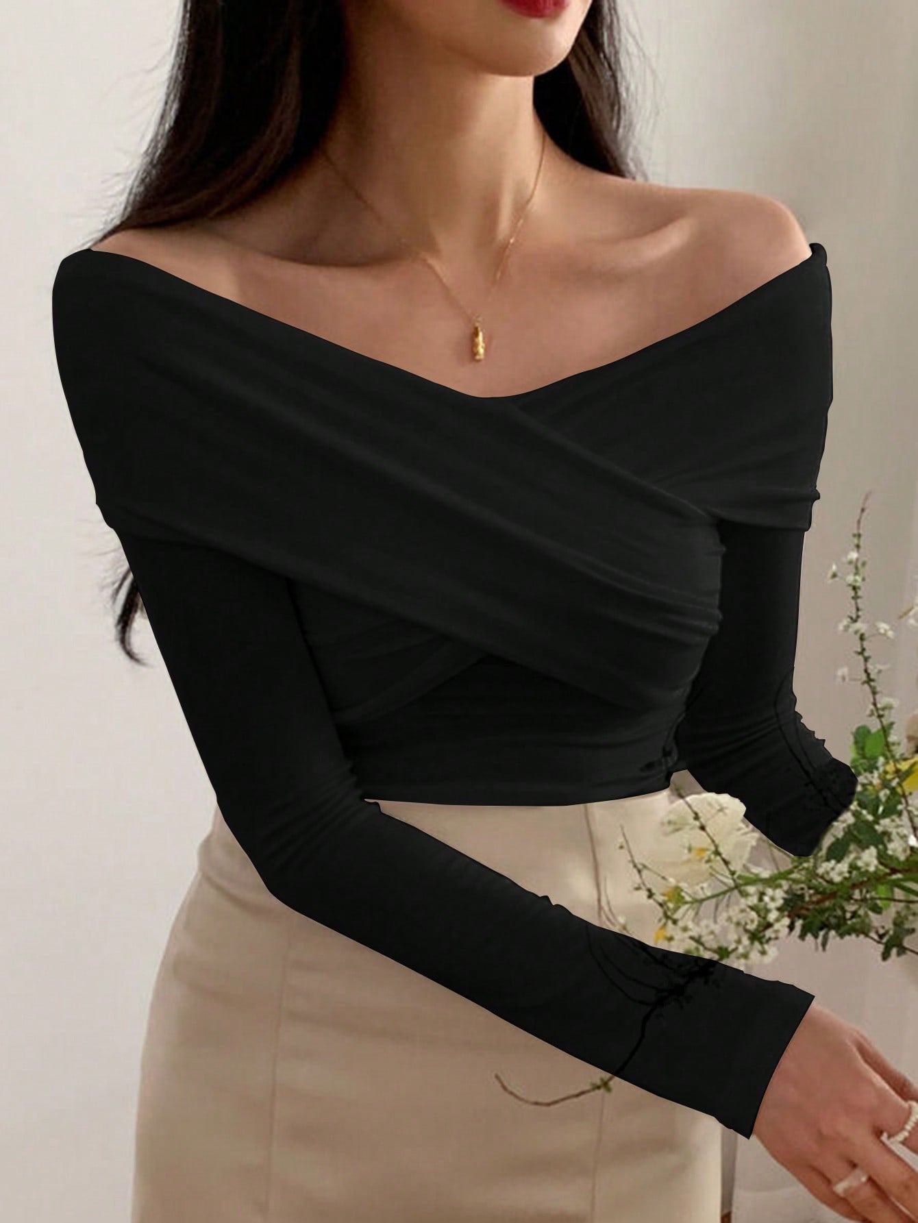 Buy SHEIN DAZY Kpop Solid Off Shoulder Cross Wrap Tee in Pakistan