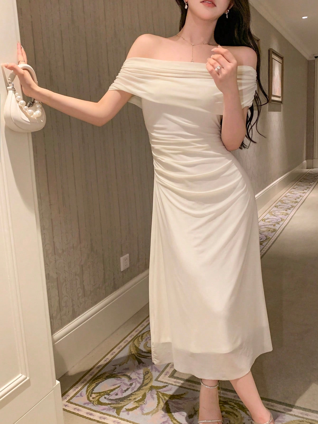 Buy SHEIN DAZY Kpop Solid Ruched Side Mesh Overlay Dress in Pakistan