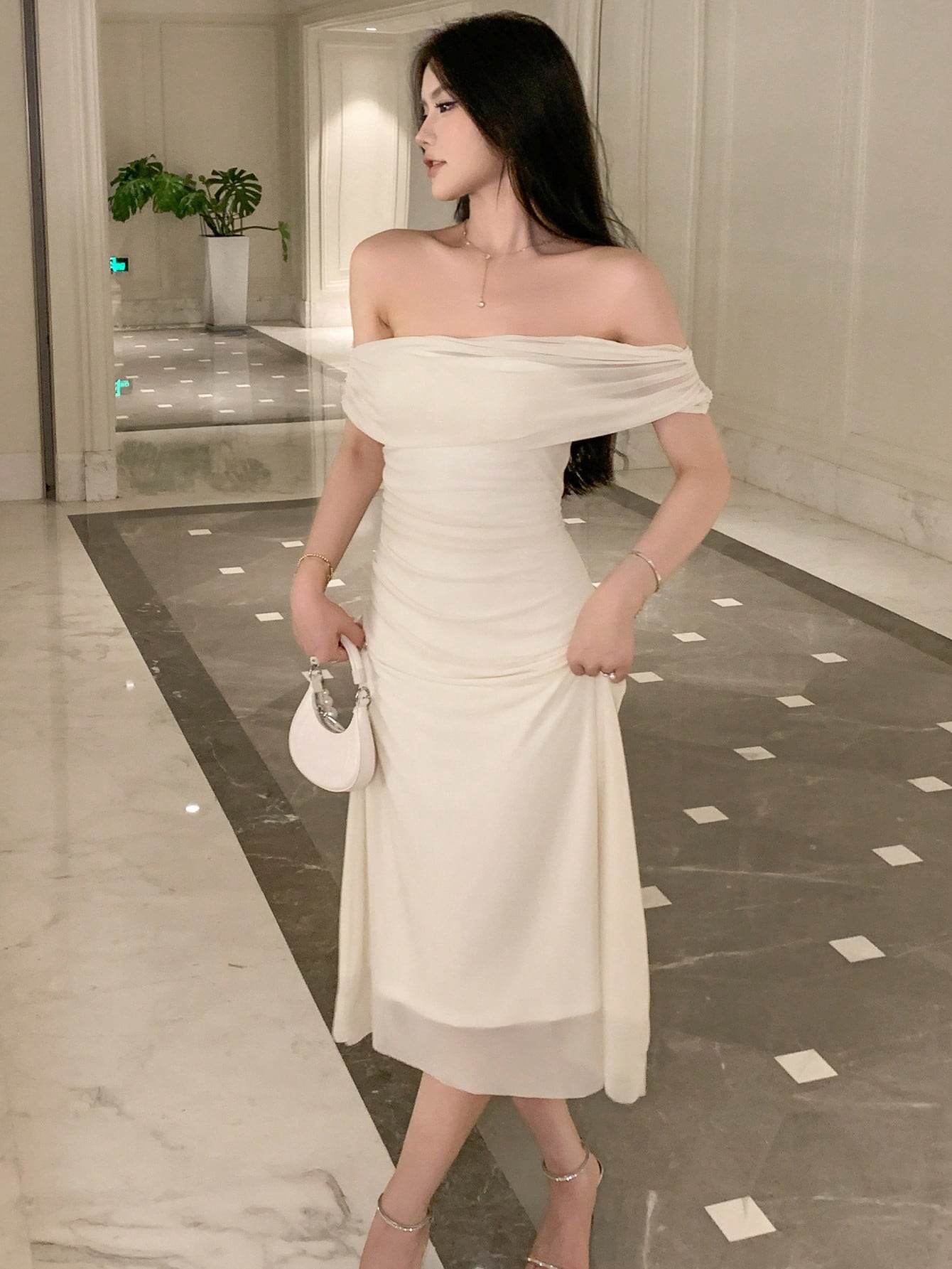 Buy SHEIN DAZY Kpop Solid Ruched Side Mesh Overlay Dress in Pakistan