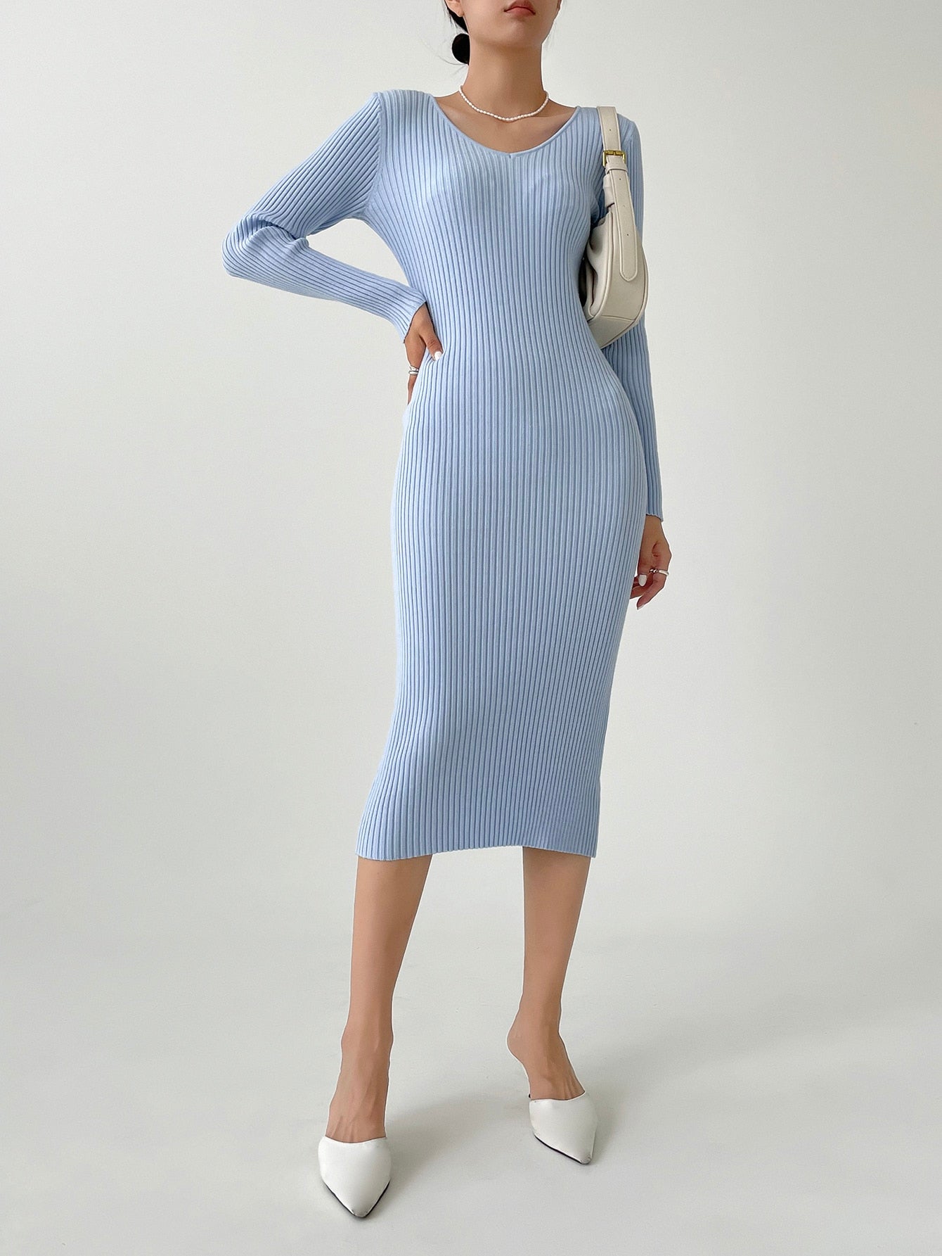 Buy SHEIN DAZY Kpop V Neck Ribbed Knit Sweater Dress in Pakistan