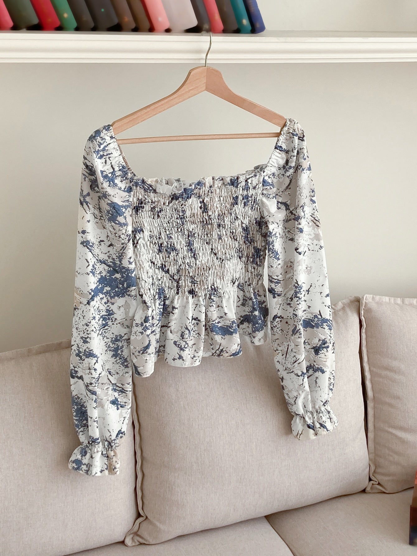 Buy SHEIN DAZY Marble Print Shirred Frill Trim Flounce Sleeve Blouse in Pakistan