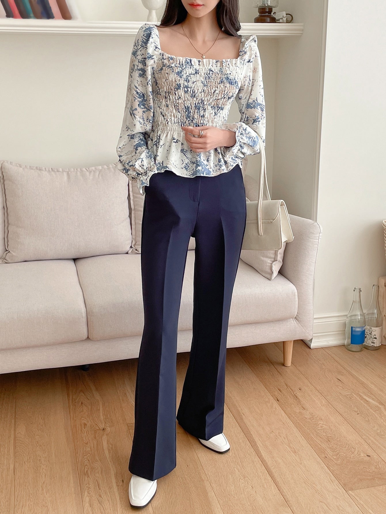 Buy SHEIN DAZY Marble Print Shirred Frill Trim Flounce Sleeve Blouse in Pakistan