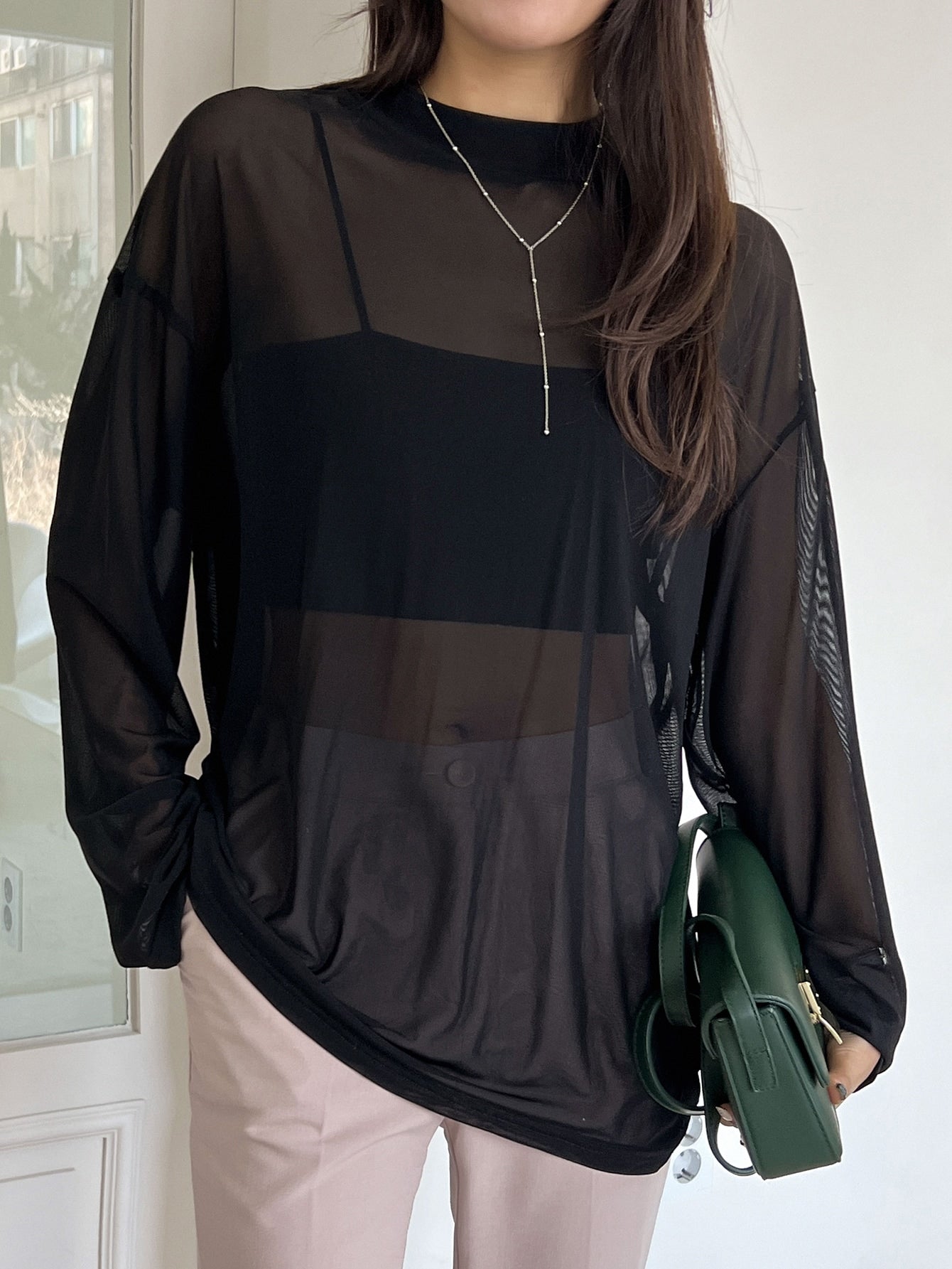 Buy SHEIN DAZY Mock Neck Drop Shoulder Sheer Top Without Tube Top in Pakistan