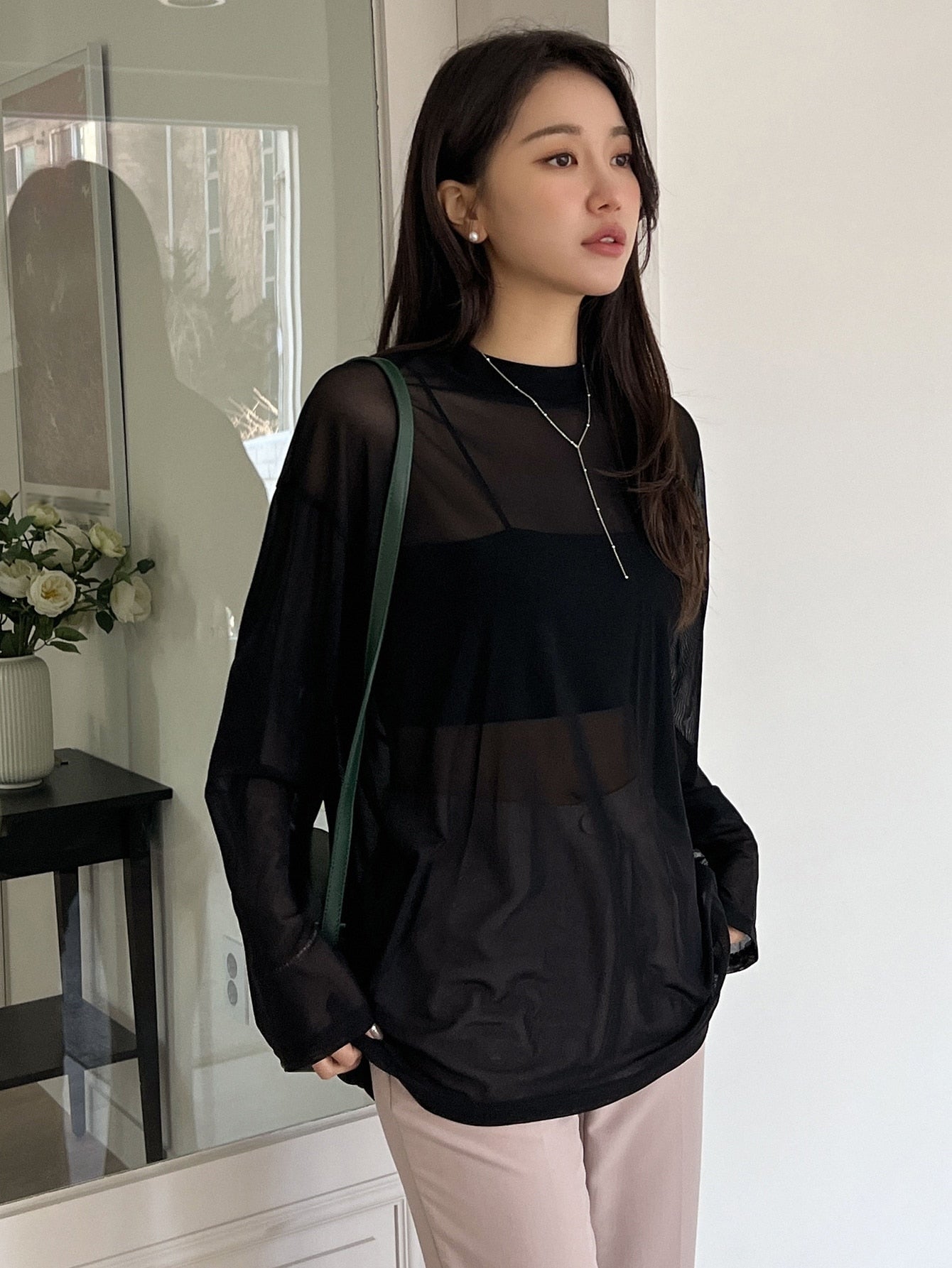 Buy SHEIN DAZY Mock Neck Drop Shoulder Sheer Top Without Tube Top in Pakistan